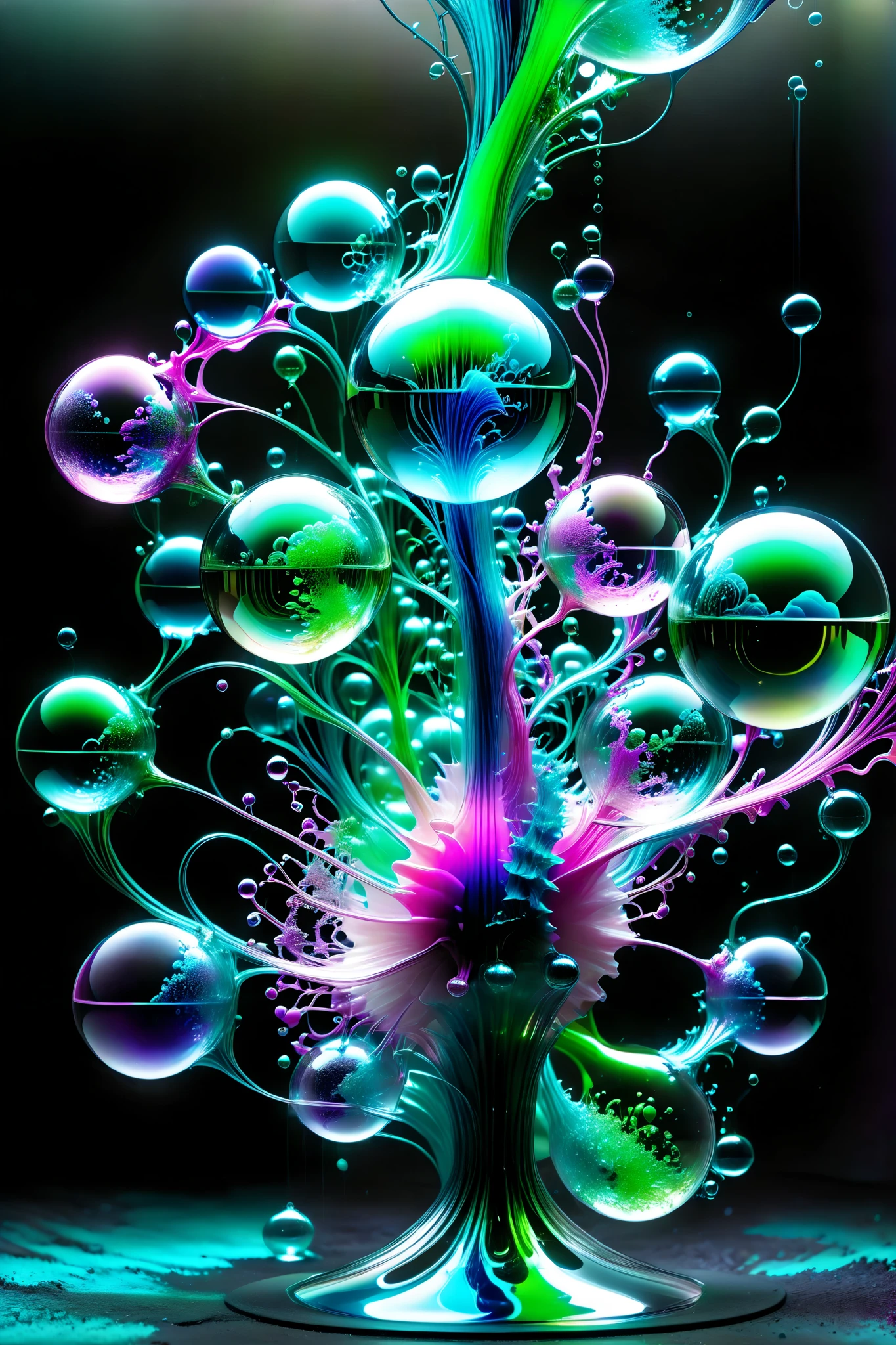 Electric lit up wires make up the body of this glass structure with perfectly formed 3d glass spheres and orbs that are filled with radiating glowing light against a dark background with soap bubbles surrounding the glass Orbs and spheres, 4d mandelbulb psychedelic landscape, bright overexposed backlighting with depth of field, award winning masterpiece, photo-realistic, portrait photography,photorealistic,hyperdetailed,glass morphism,sparkle,optical illusion,rotational symmetry,best quality,8k,ultra-fine details. Within the black of the abyss, intense bright, colorful, perfectly symmetrical glass spheres with images glowing hot pink and neon green brightness. High fantasy, magical effects,portrait photography, cinematic photography, photorealistic UHD, intricate, complex, attention to detail, optical illusions, unique patterns and designs, avant garde, masterpiece. Light is emerging from colors in a psychedelic dream, shimmering glass morphing out of colors, tripped out vibrant colors, perfectly formed beautiful reflective bubbles, attention to detail on the bubbles and spheres, beautiful psychedelic digital art, pixel art, trippy colors, 4d mandelbulb psychedelics, glass like psychedelic landscape, intricate rainbow environment, psychedelic underwater brightness, neon colors, bright colors, psychedelic trip, fluorescent psychedelic aesthetic, psychedelic vibrant colors, bright psychedelic neon colors, paint splattered backgrounds,swirling spirals and vortex, bright vibrant colors popping out from 3d glass spheres, Pixel Assets, Portrait photography, surrealism, Photorealistic, Hyperdetailed, Glass Morphism, Digital Art, Sparkle, Optical Illusion, Glowing Light, Reflection Light, Overexposure, Backlighting, Depth Of Field, Rotational Symmetry, UHD, High Details, High Quality, Super Detailed, Best Quality, Award Winning, Masterpiece.