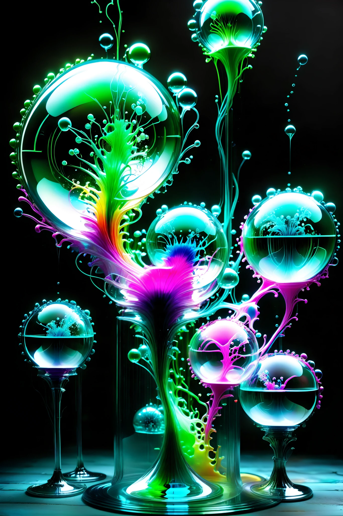 Electric lit up wires make up the body of this glass structure with perfectly formed 3d glass spheres and orbs that are filled with radiating glowing light against a dark background with soap bubbles surrounding the glass Orbs and spheres, 4d mandelbulb psychedelic landscape, bright overexposed backlighting with depth of field, award winning masterpiece, photo-realistic, portrait photography,photorealistic,hyperdetailed,glass morphism,sparkle,optical illusion,rotational symmetry,best quality,8k,ultra-fine details.                   Within the black of the abyss, intense bright, colorful, perfectly symmetrical glass spheres with images glowing hot pink and neon green brightness. High fantasy, magical effects,portrait photography, cinematic photography, photorealistic UHD, intricate, complex, attention to detail, optical illusions, unique patterns and designs, avant garde, masterpiece. Light is emerging from colors in a psychedelic dream, shimmering glass morphing out of colors, tripped out vibrant colors, perfectly formed beautiful reflective bubbles, attention to detail on the bubbles and spheres, beautiful psychedelic digital art, pixel art, trippy colors, 4d mandelbulb psychedelics, glass like psychedelic landscape, intricate rainbow environment, psychedelic underwater brightness, neon colors, bright  colors, psychedelic trip, fluorescent psychedelic aesthetic, psychedelic vibrant colors, bright psychedelic neon colors, paint splattered backgrounds,swirling spirals and vortex, bright vibrant colors popping out from 3d glass spheres, Pixel Assets, Portrait photography, surrealism, Photorealistic, Hyperdetailed, Glass Morphism, Digital Art, Sparkle, Optical Illusion, Glowing Light, Reflection Light, Overexposure, Backlighting, Depth Of Field, Rotational Symmetry, UHD, High Details, High Quality, Super Detailed, Best Quality, Award Winning, Masterpiece.   