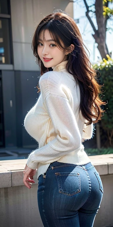 woman, 20-year-old, short black wavy hair、bangs、plump nipples、(white turtleneck knit)、(blue long skirt), black stockings、medium milk, cute smile、((Pose that emphasizes the buttocks、looked back))、sexy hips、black high heels、big necklace、((((the wind blew my skirt, expose my panties...))))、(light blue lace panties)、cute earrings、(tilt your head a little)