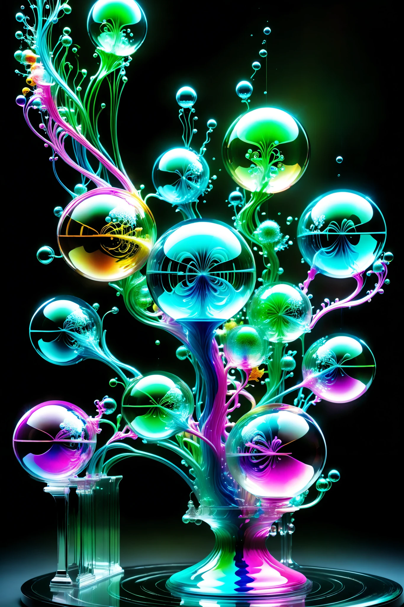 Electric lit up wires make up the body of this glass structure with perfectly formed 3d glass spheres and orbs that are filled with radiating glowing light against a dark background with soap bubbles surrounding the glass Orbs and spheres, 4d mandelbulb psychedelic landscape, bright overexposed backlighting with depth of field, award winning masterpiece, photo-realistic, portrait photography,photorealistic,hyperdetailed,glass morphism,sparkle,optical illusion,rotational symmetry,best quality,8k,ultra-fine details. Within the black of the abyss, intense bright, colorful, perfectly symmetrical glass spheres with images glowing hot pink and neon green brightness. High fantasy, magical effects,portrait photography, cinematic photography, photorealistic UHD, intricate, complex, attention to detail, optical illusions, unique patterns and designs, avant garde, masterpiece. Light is emerging from colors in a psychedelic dream, shimmering glass morphing out of colors, tripped out vibrant colors, perfectly formed beautiful reflective bubbles, attention to detail on the bubbles and spheres, beautiful psychedelic digital art, pixel art, trippy colors, 4d mandelbulb psychedelics, glass like psychedelic landscape, intricate rainbow environment, psychedelic underwater brightness, neon colors, bright colors, psychedelic trip, fluorescent psychedelic aesthetic, psychedelic vibrant colors, bright psychedelic neon colors, paint splattered backgrounds,swirling spirals and vortex, bright vibrant colors popping out from 3d glass spheres, Pixel Assets, Portrait photography, surrealism, Photorealistic, Hyperdetailed, Glass Morphism, Digital Art, Sparkle, Optical Illusion, Glowing Light, Reflection Light, Overexposure, Backlighting, Depth Of Field, Rotational Symmetry, UHD, High Details, High Quality, Super Detailed, Best Quality, Award Winning, Masterpiece.