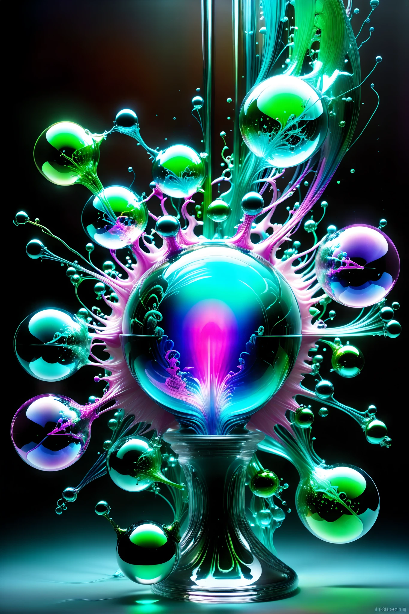 Electric lit up wires make up the body of this glass structure with perfectly formed 3d glass spheres and orbs that are filled with radiating glowing light against a dark background with soap bubbles surrounding the glass Orbs and spheres, 4d mandelbulb psychedelic landscape, bright overexposed backlighting with depth of field, award winning masterpiece, photo-realistic, portrait photography,photorealistic,hyperdetailed,glass morphism,sparkle,optical illusion,rotational symmetry,best quality,8k,ultra-fine details.                   Within the black of the abyss, intense bright, colorful, perfectly symmetrical glass spheres with images glowing hot pink and neon green brightness. High fantasy, magical effects,portrait photography, cinematic photography, photorealistic UHD, intricate, complex, attention to detail, optical illusions, unique patterns and designs, avant garde, masterpiece. Light is emerging from colors in a psychedelic dream, shimmering glass morphing out of colors, tripped out vibrant colors, perfectly formed beautiful reflective bubbles, attention to detail on the bubbles and spheres, beautiful psychedelic digital art, pixel art, trippy colors, 4d mandelbulb psychedelics, glass like psychedelic landscape, intricate rainbow environment, psychedelic underwater brightness, neon colors, bright  colors, psychedelic trip, fluorescent psychedelic aesthetic, psychedelic vibrant colors, bright psychedelic neon colors, paint splattered backgrounds,swirling spirals and vortex, bright vibrant colors popping out from 3d glass spheres, Pixel Assets, Portrait photography, surrealism, Photorealistic, Hyperdetailed, Glass Morphism, Digital Art, Sparkle, Optical Illusion, Glowing Light, Reflection Light, Overexposure, Backlighting, Depth Of Field, Rotational Symmetry, UHD, High Details, High Quality, Super Detailed, Best Quality, Award Winning, Masterpiece.   