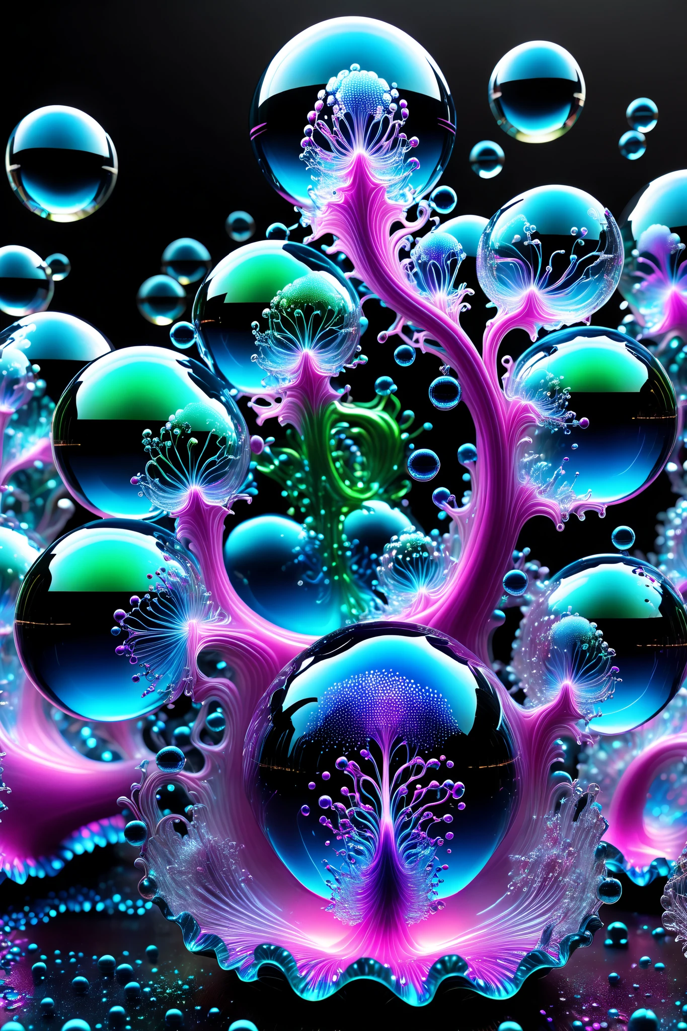 Electric lit up wires make up the body of this glass structure with perfectly formed 3d glass spheres and orbs that are filled with radiating glowing light against a dark background with soap bubbles surrounding the glass Orbs and spheres, 4d mandelbulb psychedelic landscape, bright overexposed backlighting with depth of field, award winning masterpiece, photo-realistic, portrait photography,photorealistic,hyperdetailed,glass morphism,sparkle,optical illusion,rotational symmetry,best quality,8k,ultra-fine details. Within the black of the abyss, intense bright, colorful, perfectly symmetrical glass spheres with images glowing hot pink and neon green brightness. High fantasy, magical effects,portrait photography, cinematic photography, photorealistic UHD, intricate, complex, attention to detail, optical illusions, unique patterns and designs, avant garde, masterpiece. Light is emerging from colors in a psychedelic dream, shimmering glass morphing out of colors, tripped out vibrant colors, perfectly formed beautiful reflective bubbles, attention to detail on the bubbles and spheres, beautiful psychedelic digital art, pixel art, trippy colors, 4d mandelbulb psychedelics, glass like psychedelic landscape, intricate rainbow environment, psychedelic underwater brightness, neon colors, bright colors, psychedelic trip, fluorescent psychedelic aesthetic, psychedelic vibrant colors, bright psychedelic neon colors, paint splattered backgrounds,swirling spirals and vortex, bright vibrant colors popping out from 3d glass spheres, Pixel Assets, Portrait photography, surrealism, Photorealistic, Hyperdetailed, Glass Morphism, Digital Art, Sparkle, Optical Illusion, Glowing Light, Reflection Light, Overexposure, Backlighting, Depth Of Field, Rotational Symmetry, UHD, High Details, High Quality, Super Detailed, Best Quality, Award Winning, Masterpiece.
