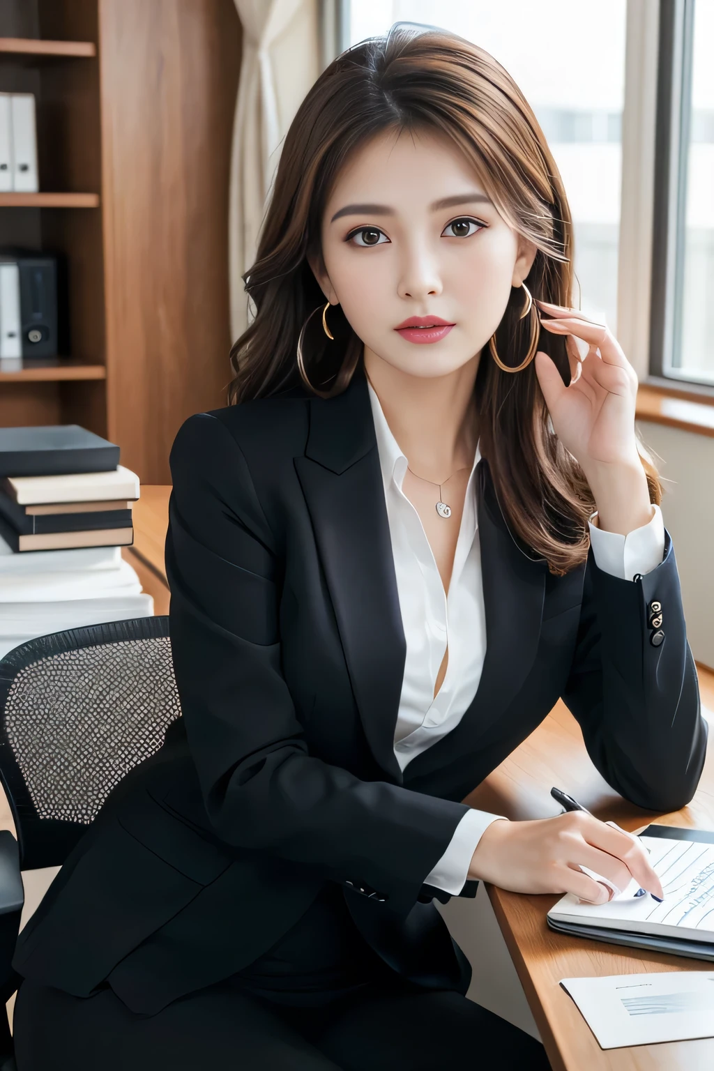 Arafed woman in a black suit sitting at a desk with a laptop - SeaArt AI