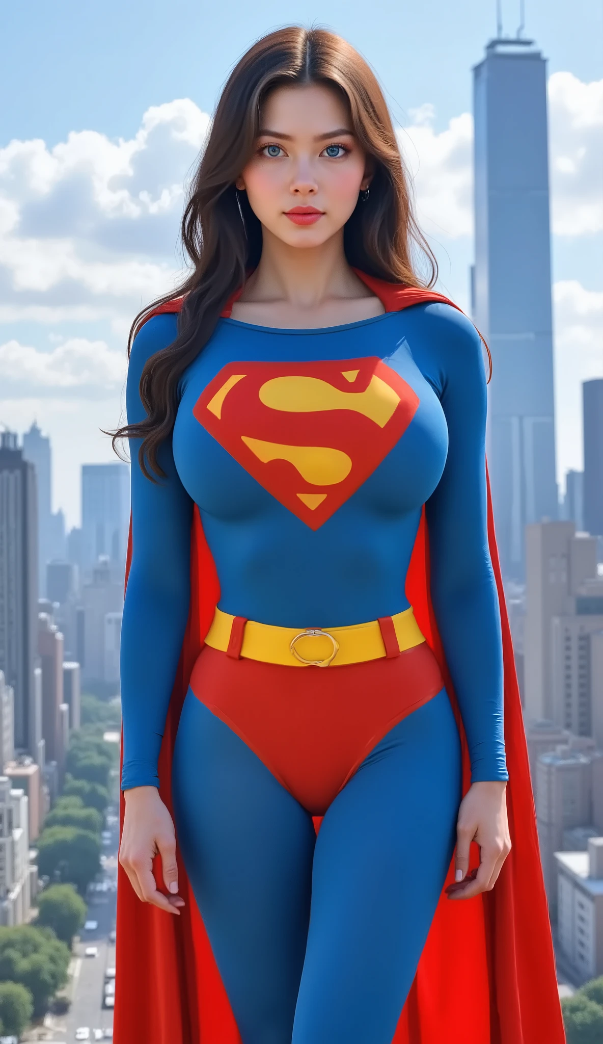 (PHOTO REALISTIC) A SEXY KRYPTONIAN JAPANESE FEMALE SAVING THE DAY. SO SEXY, SO SMART, SO CUTE AS SHE TRANSFORMS INTO SUPERMAN. HER LARGE BREASTS STRaining the fabric. WEARING THE ICONIC SPANDEX 1980 FULL BODY SUPERMAN SUIT AND A VERY LONG FLOWING RED CAPE. SHE IS SUPERMAN INCARNATE. 4K CRYSTAL CLEAR IMAGE, 360 view, 135mm, Canon, 4K, 8k, 16k