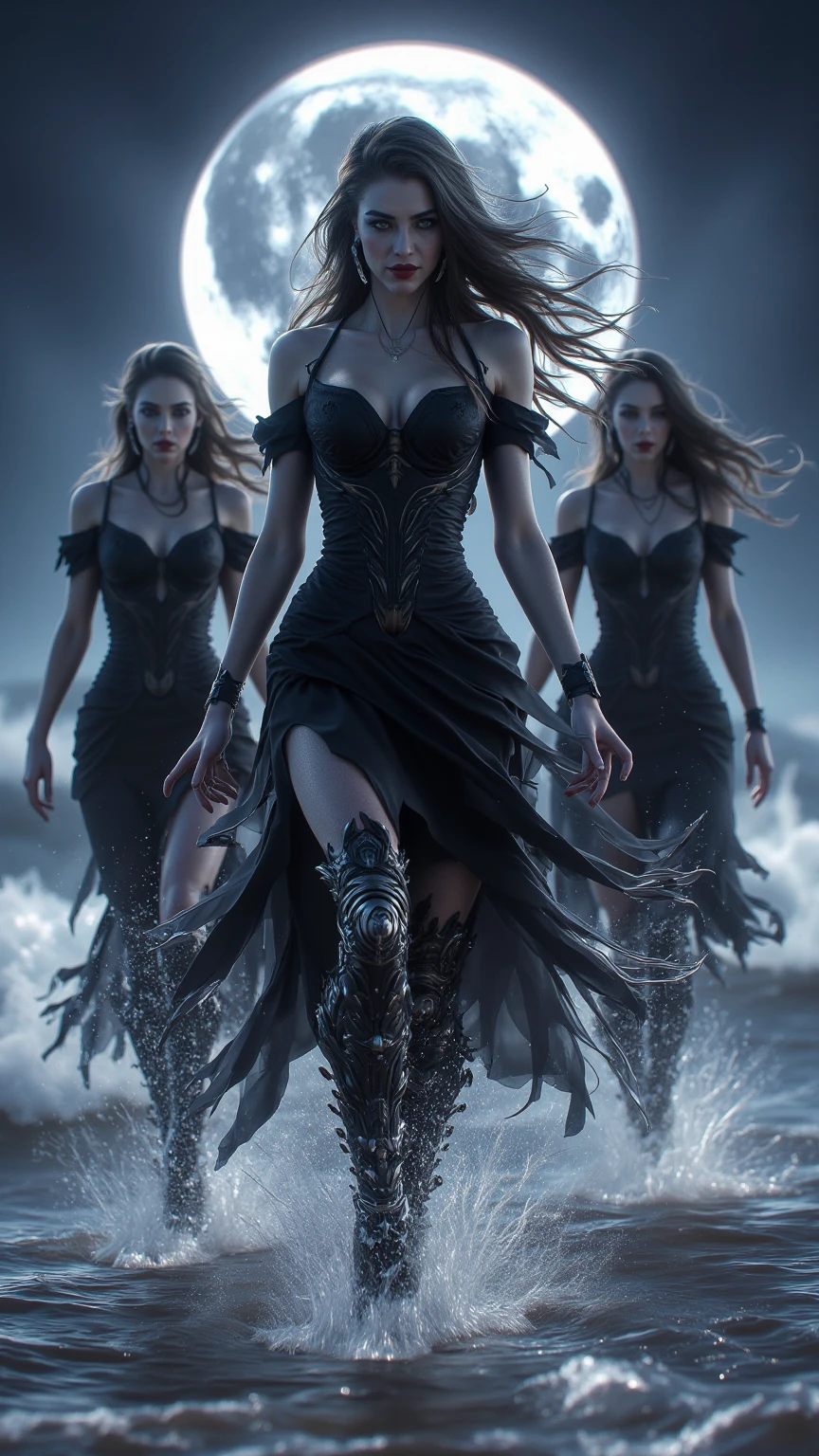 a mysterious dark girl with a tormented look, in the background a hill with a full moon behind it