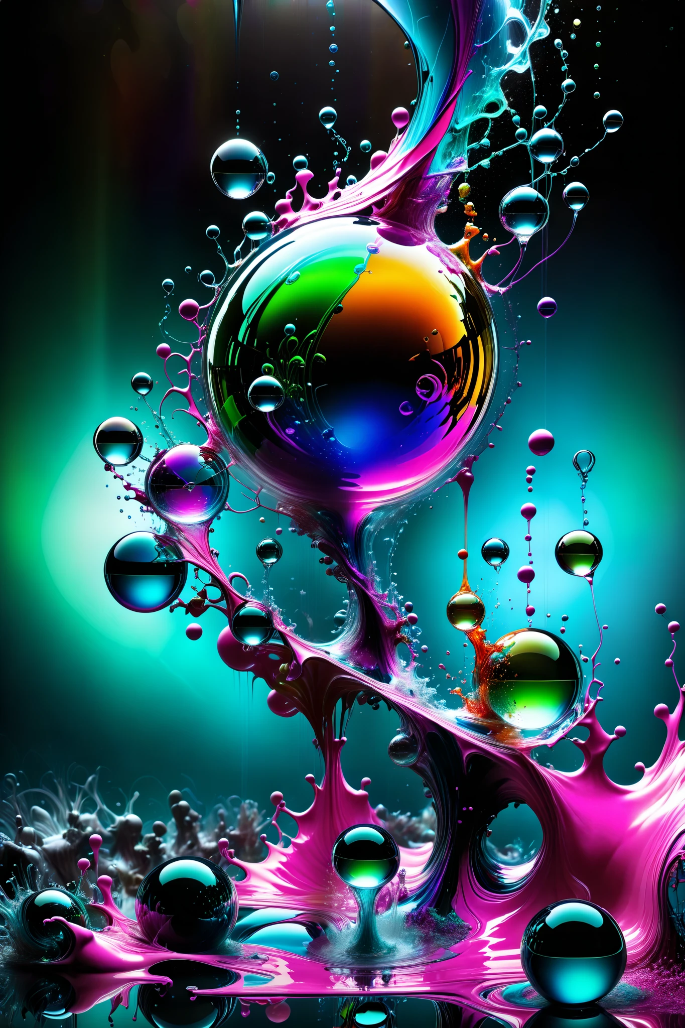 Electric 3d glass spheres and orbs that are filled with radiating glowing light against a dark background with soap bubbles surrounding the glass Orbs and spheres, 4d mandelbulb psychedelic landscape, bright overexposed backlighting with depth of field, award winning masterpiece, photo-realistic, portrait photography,photorealistic,hyperdetailed,glass morphism,sparkle,optical illusion,rotational symmetry,best quality,8k,ultra-fine details. Within the black of the abyss, intense bright, colorful, perfectly symmetrical glass spheres with images glowing hot pink and neon green brightness. High fantasy, magical effects,portrait photography, cinematic photography, photorealistic UHD, intricate, complex, attention to detail, optical illusions, unique patterns and designs, avant garde, masterpiece. Light is emerging from colors in a psychedelic dream, shimmering glass morphing out of colors, tripped out vibrant colors, perfectly formed beautiful reflective bubbles, attention to detail on the bubbles and spheres, beautiful psychedelic digital art, 4d mandelbulb psychedelics, glass like psychedelic landscape, intricate rainbow environment, psychedelic underwater brightness, neon colors, bright colors, psychedelic trip, fluorescent psychedelic aesthetic, psychedelic vibrant colors, bright psychedelic neon colors, paint splattered backgrounds,swirling spirals and vortex, bright vibrant colors popping out from 3d glass spheres, Pixel Assets, Portrait photography, surrealism, Photorealistic, Hyperdetailed, Glass Morphism, Digital Art, Sparkle, Optical Illusion, Glowing Light, Reflection Light, Overexposure, Backlighting, Depth Of Field, Rotational Symmetry, UHD, High Details, High Quality, Super Detailed, Best Quality, Award Winning, Masterpiece.
