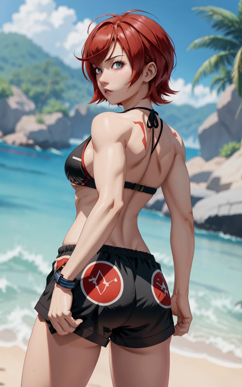 (((Nino Nakano)))、Pink and short shoulder-length hair, reddish orange hair,、butterfly hair ornament, (dark blue eyes, )、Huge ceiling、(black bikini)、(red blush: 1)、 (((is standing)))、earring、a smile、(Sexy), muscular legs, muscular belly, barefoot, (full body photo), (((on the beach at night with stars in the sky and full moon)) ), glowing eyes, eye reflection, evil smile, bad mood, anime, anime style, ray tracing, glare, bright light, drop shadow, panorama, Sony FE, UHD, masterpiece, accurate, anatomically correct, textured skin , super detail, high resolution, HD, 16k