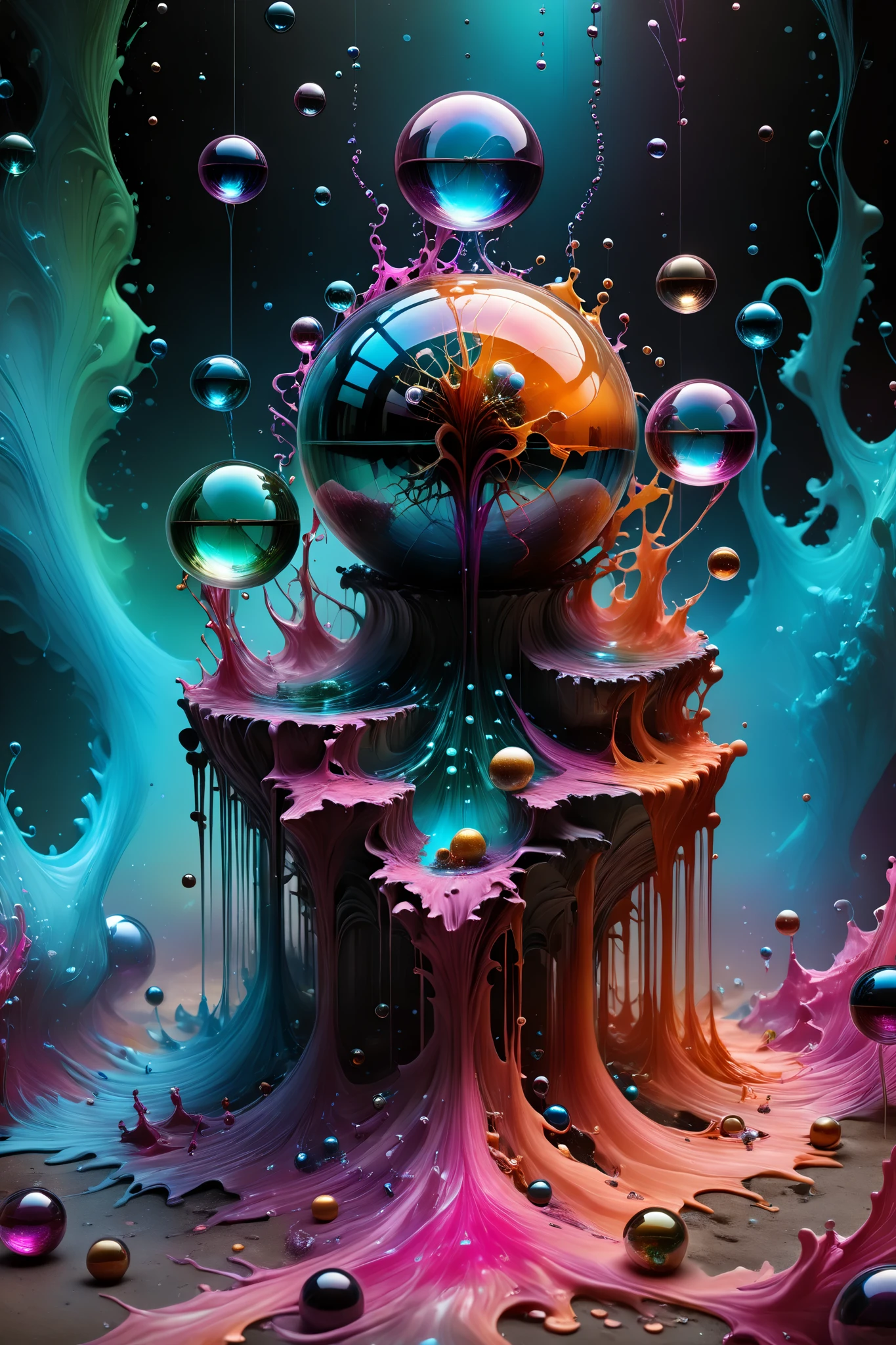 Electric 3d glass spheres and orbs that are filled with radiating glowing light against a dark background with soap bubbles surrounding the glass Orbs and spheres, 4d mandelbulb psychedelic landscape, bright overexposed backlighting with depth of field, award winning masterpiece, photo-realistic, portrait photography,photorealistic,hyperdetailed,glass morphism,sparkle,optical illusion,rotational symmetry,best quality,8k,ultra-fine details.                   Within the black of the abyss, intense bright, colorful, perfectly symmetrical glass spheres with images glowing hot pink and neon green brightness. High fantasy, magical effects,portrait photography, cinematic photography, photorealistic UHD, intricate, complex, attention to detail, optical illusions, unique patterns and designs, avant garde, masterpiece. Light is emerging from colors in a psychedelic dream, shimmering glass morphing out of colors, tripped out vibrant colors, perfectly formed beautiful reflective bubbles, attention to detail on the bubbles and spheres, beautiful psychedelic digital art, 4d mandelbulb psychedelics, glass like psychedelic landscape, intricate rainbow environment, psychedelic underwater brightness, neon colors, bright  colors, psychedelic trip, fluorescent psychedelic aesthetic, psychedelic vibrant colors, bright psychedelic neon colors, paint splattered backgrounds,swirling spirals and vortex, bright vibrant colors popping out from 3d glass spheres, Pixel Assets, Portrait photography, surrealism, Photorealistic, Hyperdetailed, Glass Morphism, Digital Art, Sparkle, Optical Illusion, Glowing Light, Reflection Light, Overexposure, Backlighting, Depth Of Field, Rotational Symmetry, UHD, High Details, High Quality, Super Detailed, Best Quality, Award Winning, Masterpiece.   