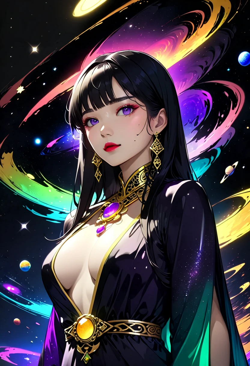 ((Nezuko Komado)), black hair, pink eyes, (shiny skin), huge breasts, beautiful face, gold elements, golden lake, stars, space, (lightroom:1.13), soft light, (natural skin texture:1.2), (hyperrealism:1.2), sharp focus, focused, photorealistic, detailed coloring, detailed high quality, chromatic aberrations, ultra detailed quality skin, detailed ray tracing lighting, minimal, gold and pink monochromatic color palette, ulzzang, (((cleavage))), (((Portrait))),