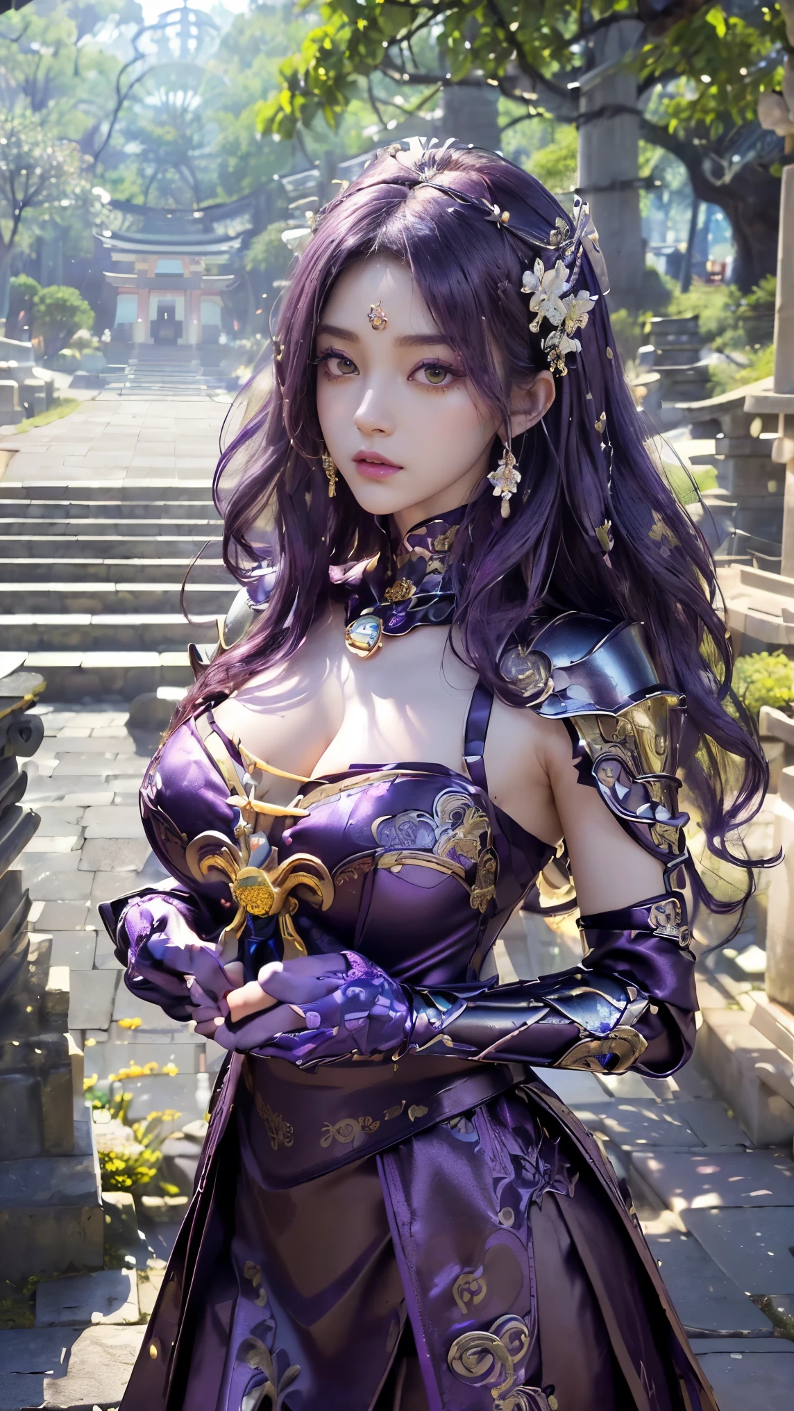 model shoot, (1 girl), long hair, purple hair, Islamic warrior, purple outfit, laces, shining:1.5, hyper realistic, super detailed, Dynamic shot, masterpiece, scene sharp détails, perfect eyes, perfect skin, perfect hands, sitting,