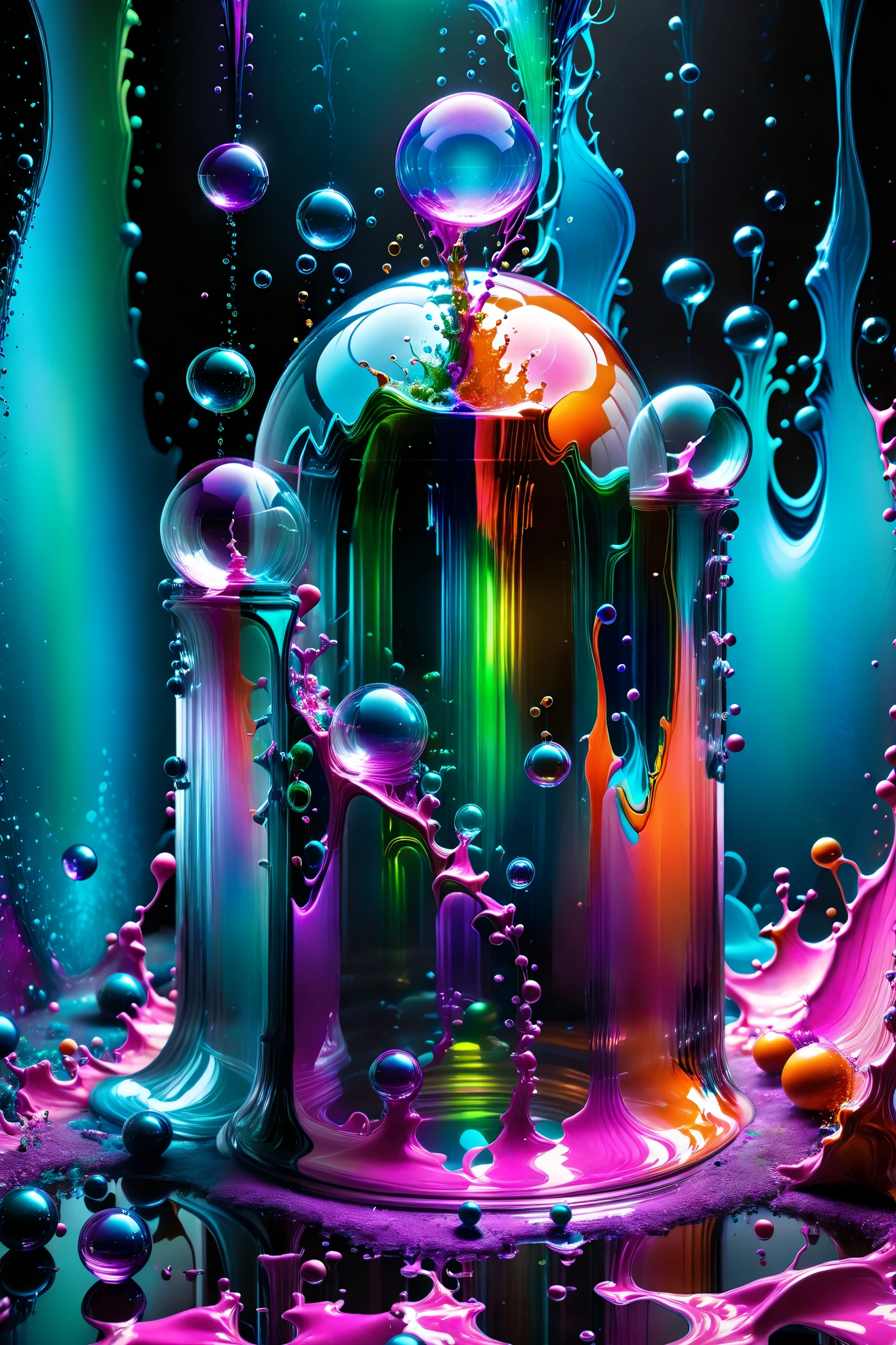 Electric 3d glass spheres and orbs that are filled with radiating glowing light against a dark background with soap bubbles surrounding the glass Orbs and spheres, 4d mandelbulb psychedelic landscape, bright overexposed backlighting with depth of field, award winning masterpiece, photo-realistic, portrait photography,photorealistic,hyperdetailed,glass morphism,sparkle,optical illusion,rotational symmetry,best quality,8k,ultra-fine details. Within the black of the abyss, intense bright, colorful, perfectly symmetrical glass spheres with images glowing hot pink and neon green brightness. High fantasy, magical effects,portrait photography, cinematic photography, photorealistic UHD, intricate, complex, attention to detail, optical illusions, unique patterns and designs, avant garde, masterpiece. Light is emerging from colors in a psychedelic dream, shimmering glass morphing out of colors, tripped out vibrant colors, perfectly formed beautiful reflective bubbles, attention to detail on the bubbles and spheres, beautiful psychedelic digital art, 4d mandelbulb psychedelics, glass like psychedelic landscape, intricate rainbow environment, psychedelic underwater brightness, neon colors, bright colors, psychedelic trip, fluorescent psychedelic aesthetic, psychedelic vibrant colors, bright psychedelic neon colors, paint splattered backgrounds,swirling spirals and vortex, bright vibrant colors popping out from 3d glass spheres, Pixel Assets, Portrait photography, surrealism, Photorealistic, Hyperdetailed, Glass Morphism, Digital Art, Sparkle, Optical Illusion, Glowing Light, Reflection Light, Overexposure, Backlighting, Depth Of Field, Rotational Symmetry, UHD, High Details, High Quality, Super Detailed, Best Quality, Award Winning, Masterpiece.