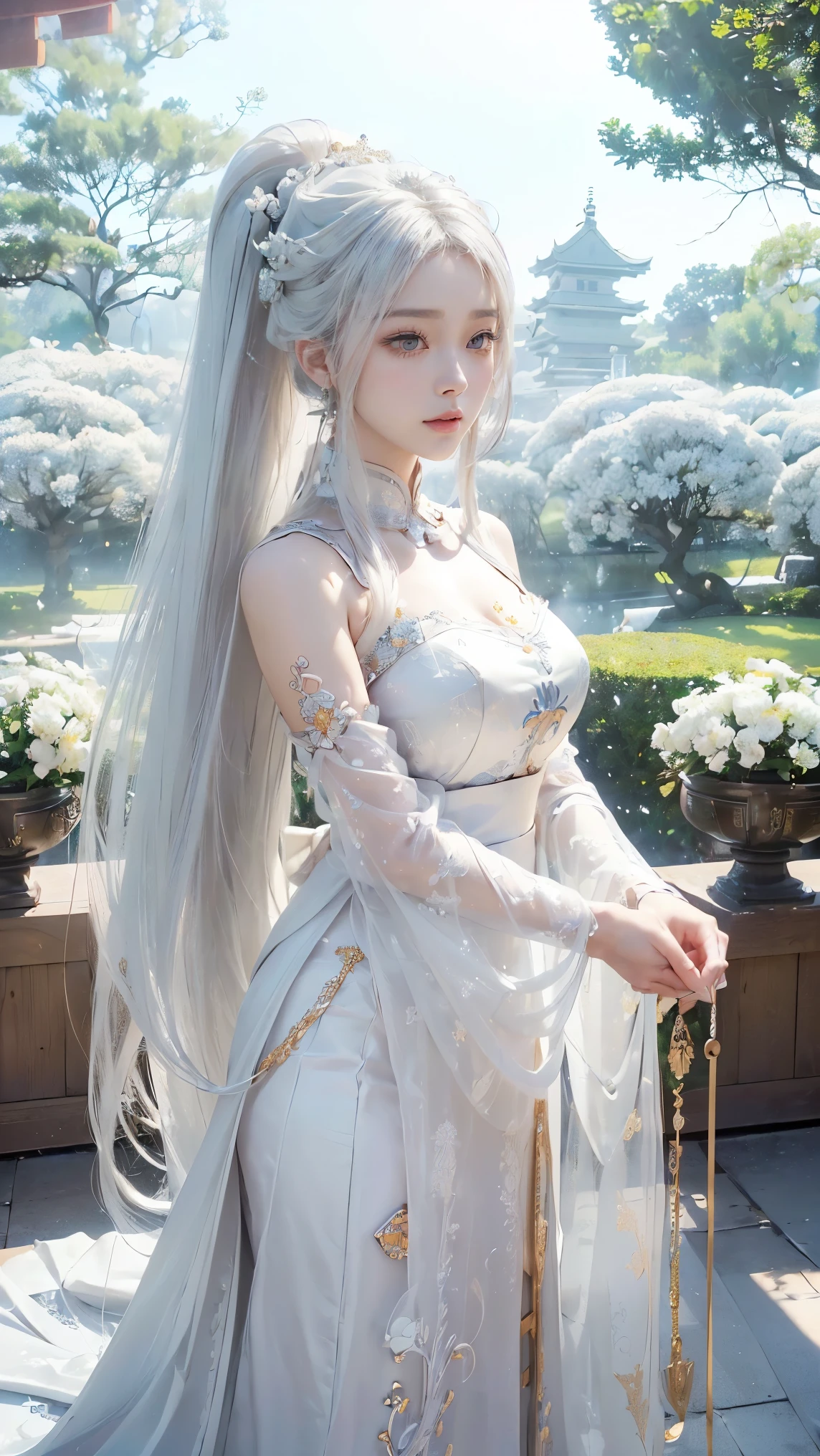 (masterpiece、highest quality、Every detail，Fantastic lighting，Shallow depth of field)(1girl,solo)(cute girl，Long dress，The dress has a loose fit，Exposing shoulders，No sleeve，Long hair with white hair、medium beautiful breasts，Beautiful cleavage，thin and white legs、White skin)(ruins、Dilapidated Building、Collapsed Wall)(Close-up)(Close-up image from the waist up、Sexy model posing、Staring blankly out the window,Beautiful profile、from side)
