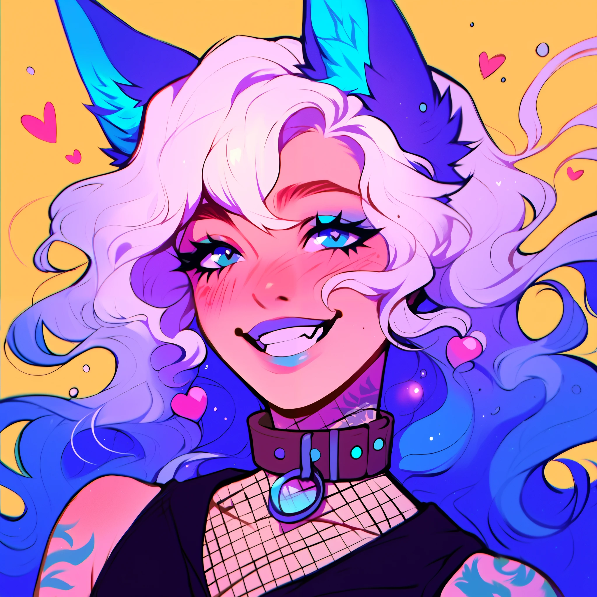 score_9, score_8_up, score_7_up, score_6_up, score_5_up, score_4_up, did vaporwave style, a male femboy with very long wavy white hair with blue highlights, has big fluffy wolf ears, has a wolf tail, wearing a thick brown collar with a heart hanging from it, wearing a sleeveless cropped black hoodie with something cute on it, wearing denim short shorts, has blushy cheeks, has blue lipstick on, has tattoos, wearing fishnet stockings, smiling, showing wolf canine teeth, glowing blue eyes, bubbles, floating hearts, shown from the waist up