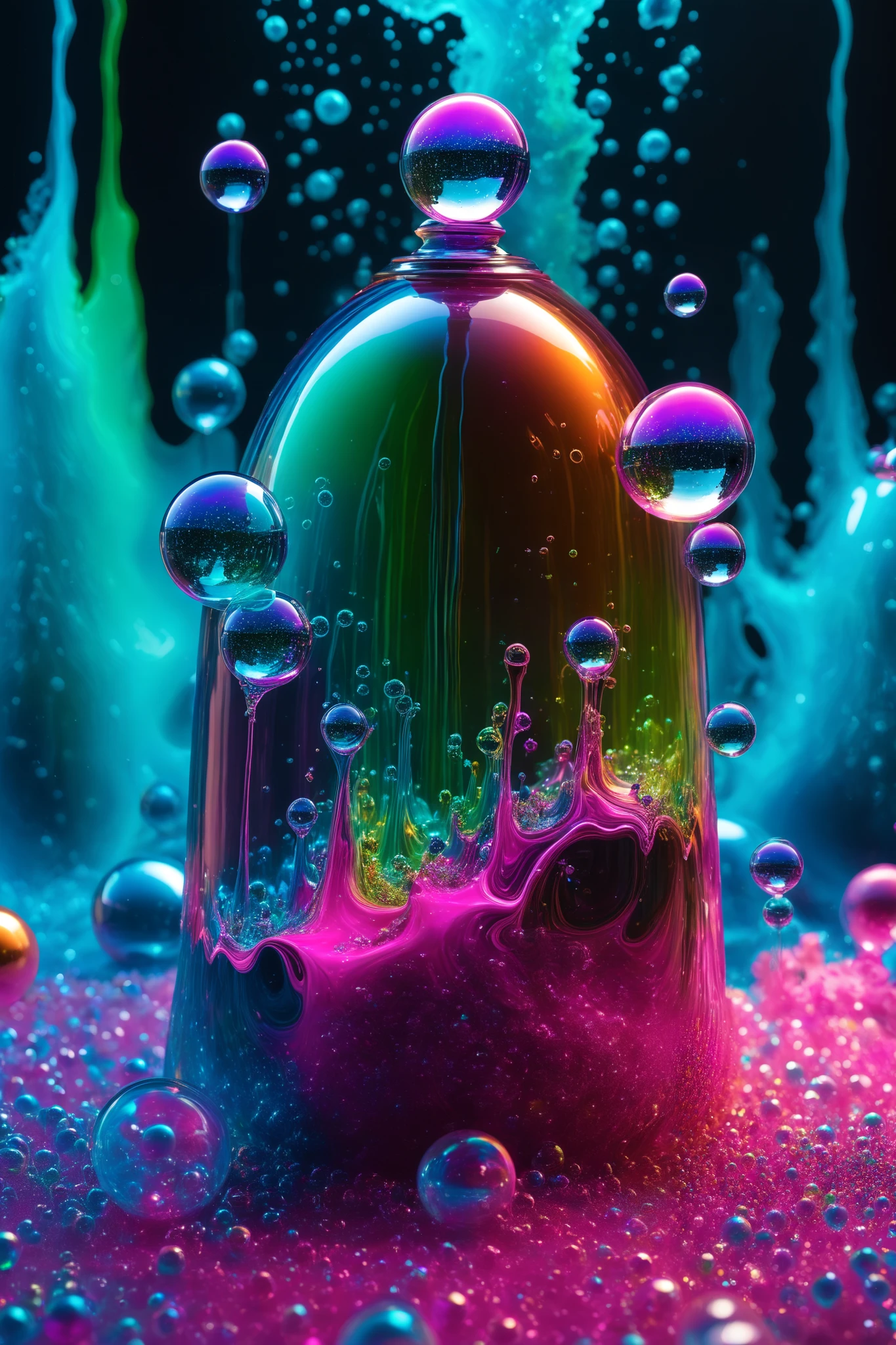 Electric 3d glass spheres and orbs that are filled with radiating glowing light against a dark background with soap bubbles surrounding the glass Orbs and spheres, 4d mandelbulb psychedelic landscape, bright overexposed backlighting with depth of field, award winning masterpiece, photo-realistic, portrait photography,photorealistic,hyperdetailed,glass morphism,sparkle,optical illusion,rotational symmetry,best quality,8k,ultra-fine details.                   Within the black of the abyss, intense bright, colorful, perfectly symmetrical glass spheres with images glowing hot pink and neon green brightness. High fantasy, magical effects,portrait photography, cinematic photography, photorealistic UHD, intricate, complex, attention to detail, optical illusions, unique patterns and designs, avant garde, masterpiece. Light is emerging from colors in a psychedelic dream, shimmering glass morphing out of colors, tripped out vibrant colors, perfectly formed beautiful reflective bubbles, attention to detail on the bubbles and spheres, beautiful psychedelic digital art, 4d mandelbulb psychedelics, glass like psychedelic landscape, intricate rainbow environment, psychedelic underwater brightness, neon colors, bright  colors, psychedelic trip, fluorescent psychedelic aesthetic, psychedelic vibrant colors, bright psychedelic neon colors, paint splattered backgrounds,swirling spirals and vortex, bright vibrant colors popping out from 3d glass spheres, Pixel Assets, Portrait photography, surrealism, Photorealistic, Hyperdetailed, Glass Morphism, Digital Art, Sparkle, Optical Illusion, Glowing Light, Reflection Light, Overexposure, Backlighting, Depth Of Field, Rotational Symmetry, UHD, High Details, High Quality, Super Detailed, Best Quality, Award Winning, Masterpiece.   