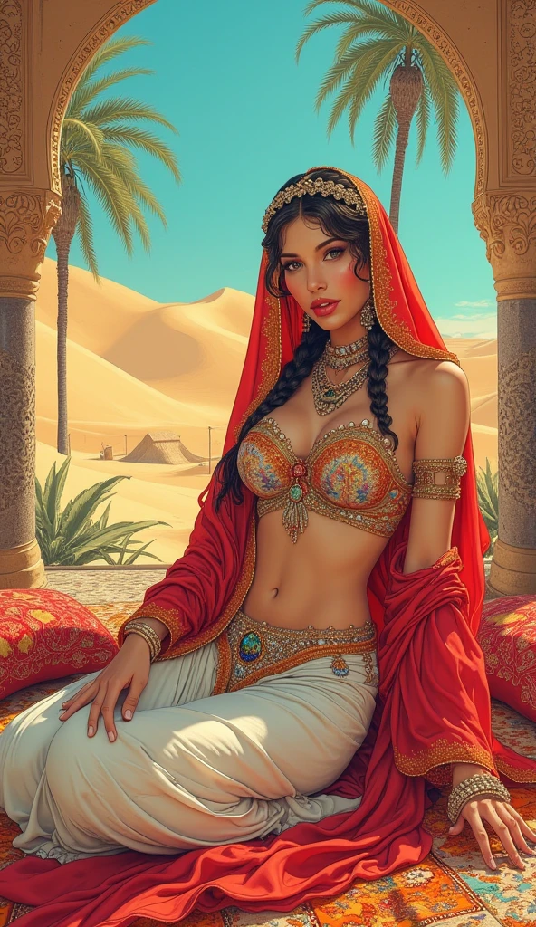 (masterpiece: 1.2), (best quality: 1.2), breasts in large evidence, perfect eyes, perfect face, perfect lighting, photo shoot, 1girl, mature female wearing SSAHC, SSAHC, dark skinned, colorful tribal dress, headdress, thick eyelashes, makeup, eyeshadow, medium hair, oasis, desert with pyramids detailed outdoor background