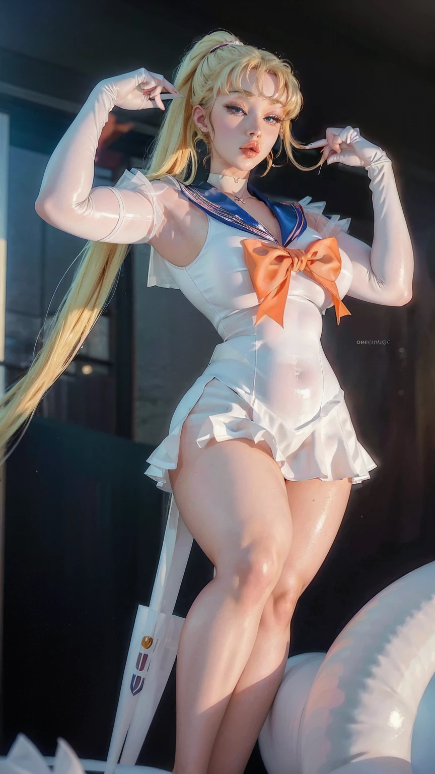 Excellent, masterpiece, white hair, golden eyes, sailor Moon suit, looking up, hair, fair skin, side braids, legs open, clothes bulging, (from the front)