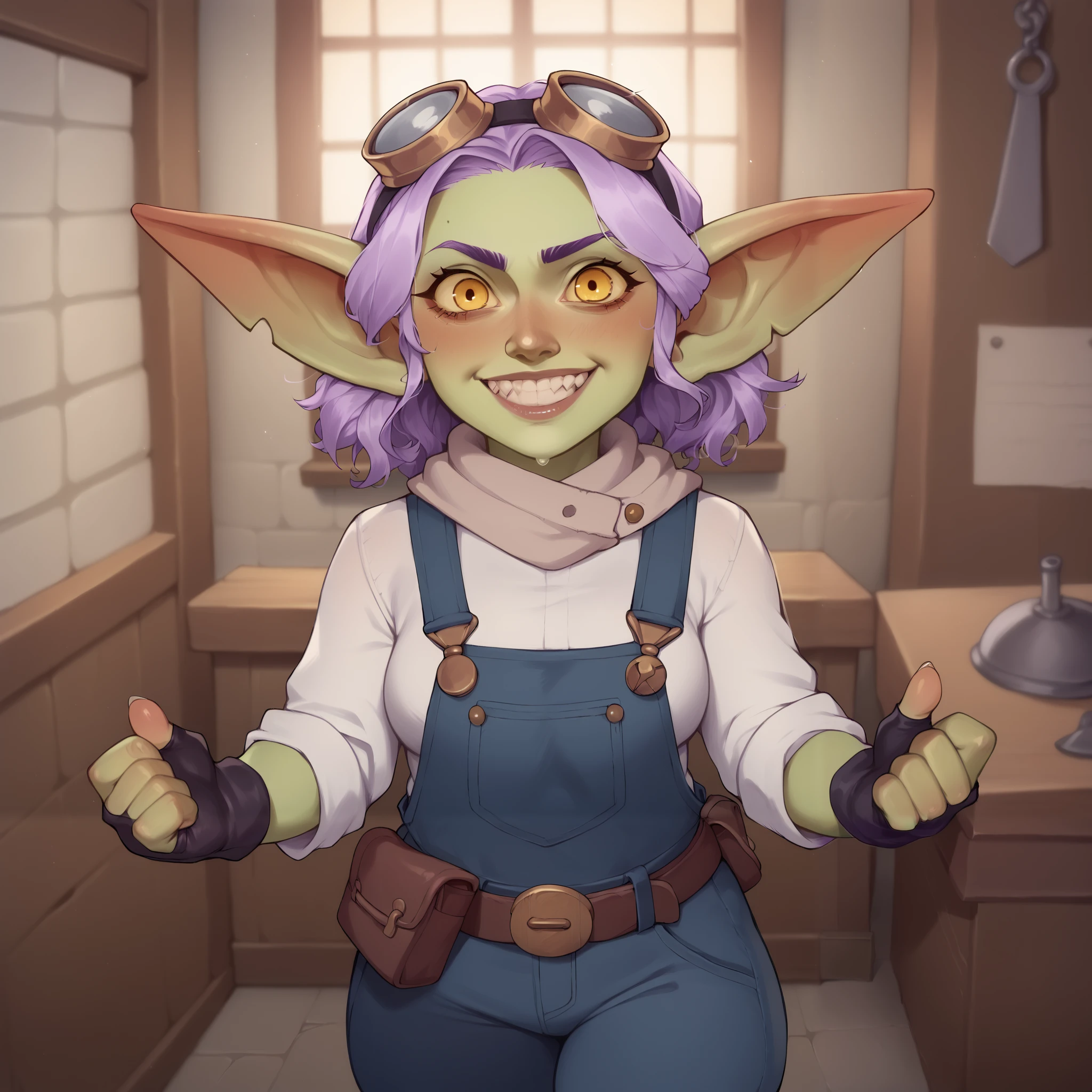 (((beautiful, high quality, comics style, detailed face))), score_9, score_8_up, score_7_up, BREAK, ((Goblin, short stature, shortstack)), 1Girl,hooked nose:1, yellow eyes, crazy eyes, crazy smile, ((lavender hair)), short wavy hair, action pose, workshop in background, blurred background, DeepNegative_xl_v1, zPDXL3, detailxl, Smooth Quality - Illustriousl