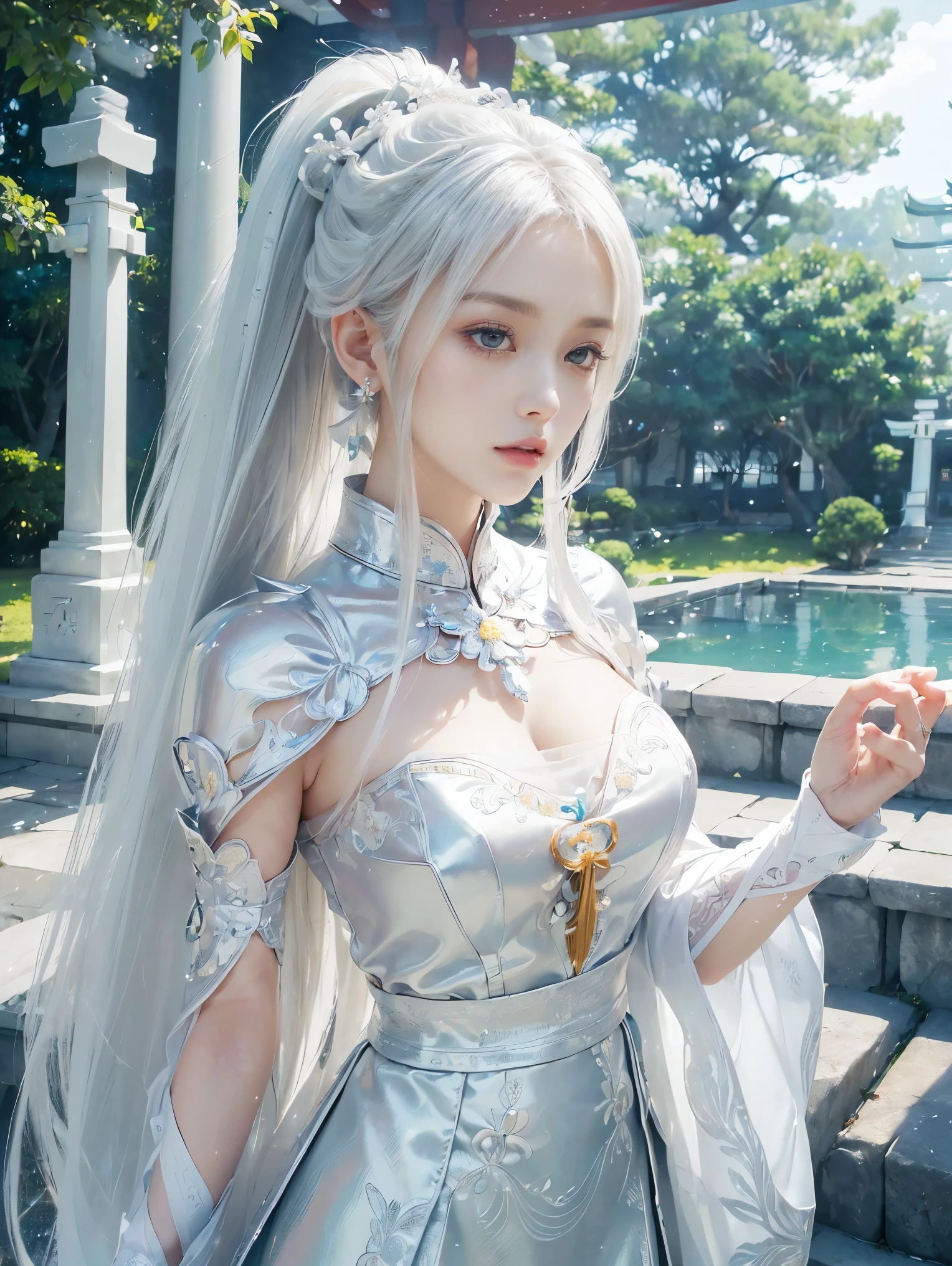 ( Absurdly , high quality , Very detailed,View Photographer)、(White super long straight hair)、White Tiger Queen、Hair Access、(((White tiger ears and two horns)))、Beautifully detailed tiger-patterned dress and armor、Tiger-inspired costume、Tattoo with a tiger print、Queen of Queens、(masterpiece, 最high quality, 最high quality, Official Art, Beauty and aesthetics: 1.2), (One girl: 1.3)、Forest Background