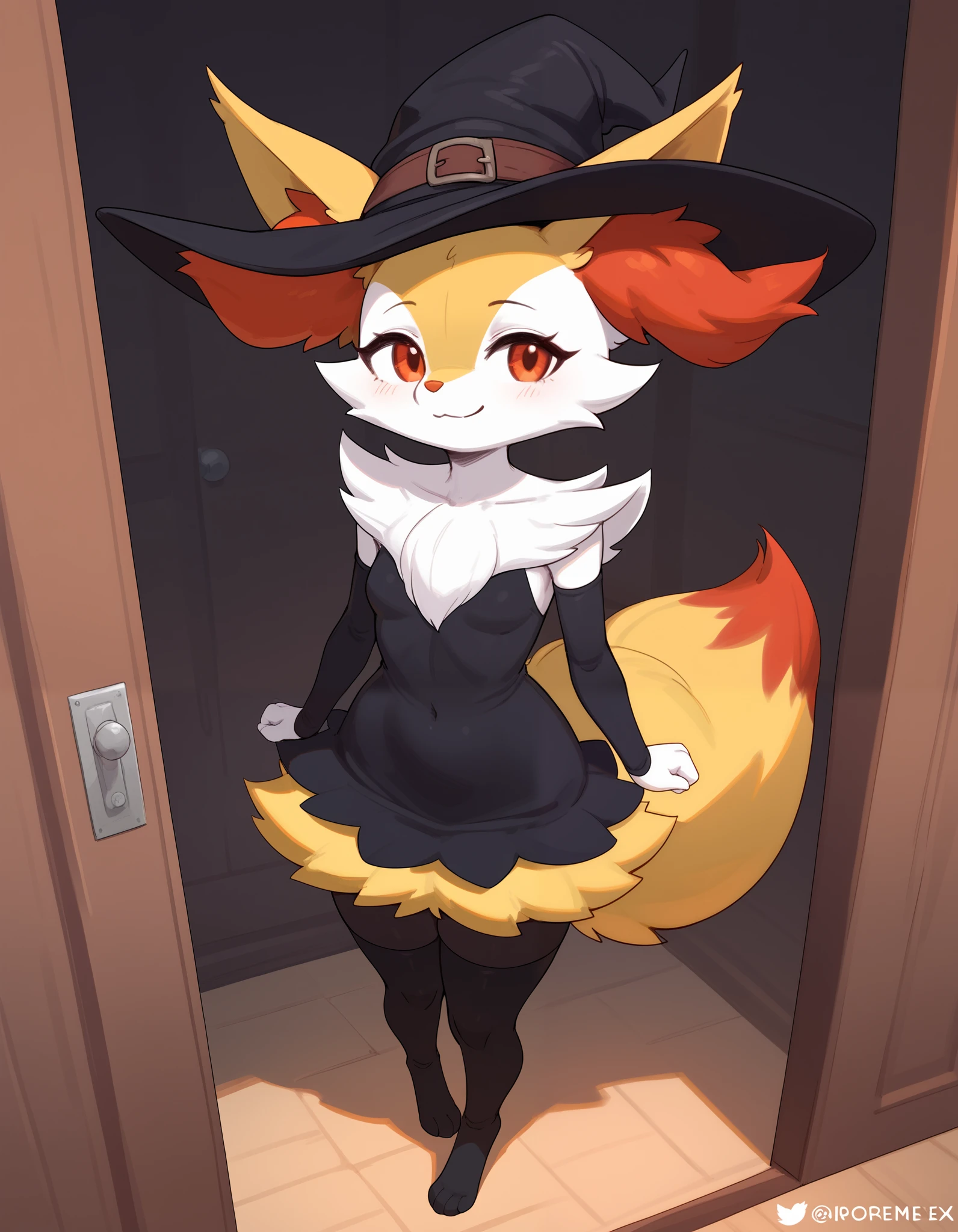 Alone, score_9,score_8_above,score_7_above, fêmea antropomórfica Braixen, Braixen anthropomorphic female witch costume , witch hat, standing, inside the house , smiling, pose, full body costume.