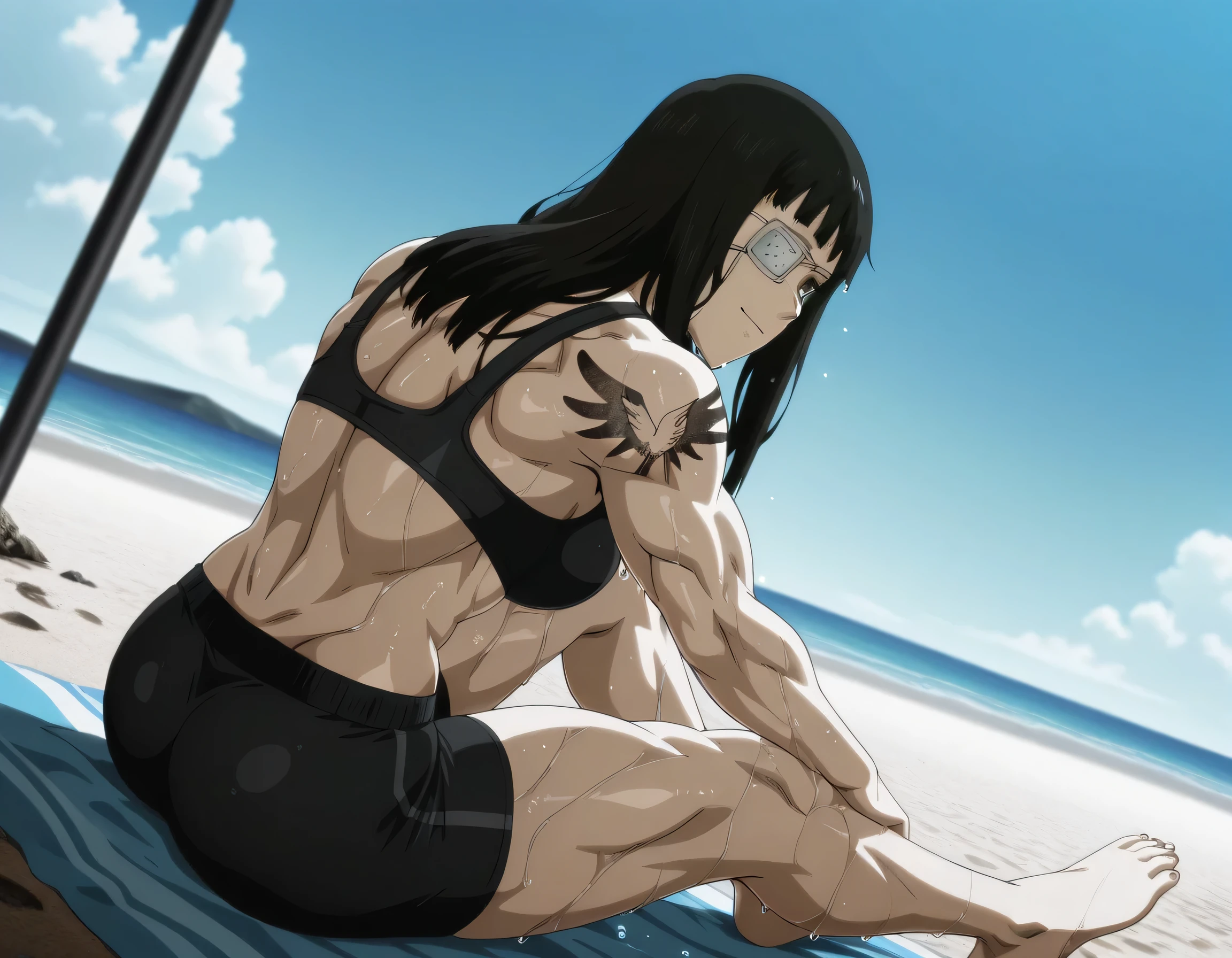 1girl,solo,mm,mature female,black hair,eyepatch,brown eyes,medium breasts,anime coloring,long hair,
muscular,black tight sport bra and black tight sport Elastic shorts,cowboy shot, , wet,beach, tattoo, 
,masterpiece,best quality,amazing quality,,muscles back,muscles back lines,muscles big size,,strength muscles looking,dynamic air,,Shining back and shoulders,iron muscles,,Barefoot, sporting attractiveness sexual attractiveness,sitting ,choza sitting ,sexual muscles,light smile,leg laying,hand in own leg,from behind angle,