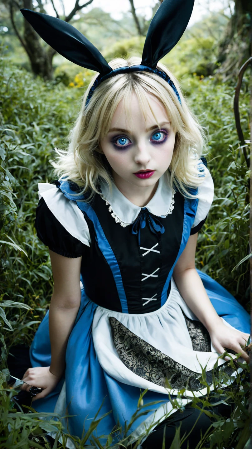 Stunningly Beautiful Goth Alice in Wonderland, A Dream World, Detailed Face, Detailed Body, Gothic Dreamlike Fantasy, Realistic Shadows, Perfect Quality, Photorealistic, Most Beautiful, vivid colors, psychedelic landscape, black hair