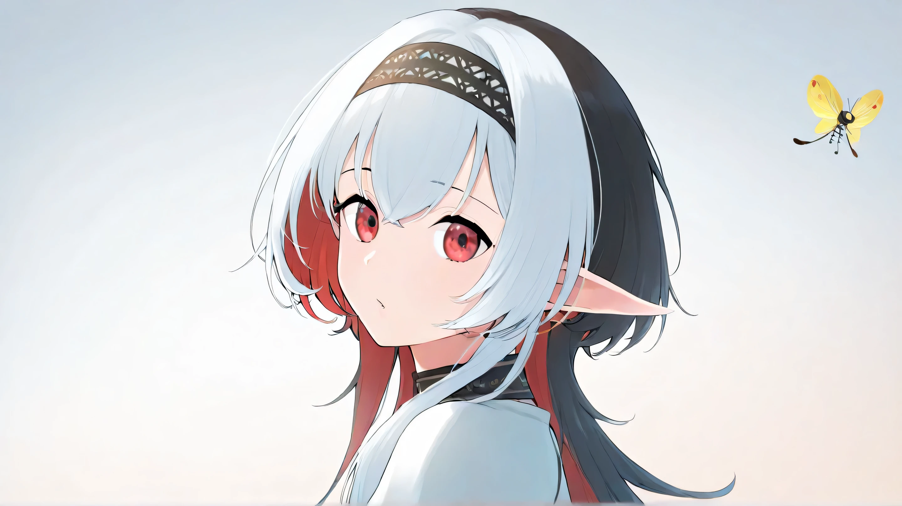 1 girl, 26 old, red eyes, elf ears, hairband of butter fly, wolf cut, black hair, colored inner hair, white hair, tareme, looking at viewer, gradient background, white background, look front