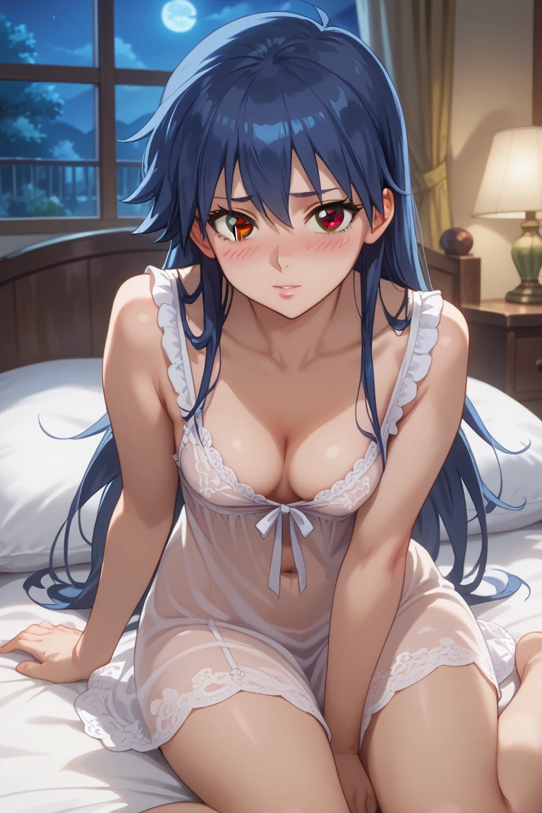 Vulgar,low angle,from below,(nsfw), ((Raiden Shogun in Genshin Impact)),solo,((semi long beautiful dark blue hair,beautiful blue eyes)),((face toward the viewer)),((topless, beautiful medium , pink nipples)), (sweating), wet gleaming skin,(Lying on the bed on all fours,legs wide open),innocent smile,cinematic lighting, ((white beautiful elegant skirt and panties)),garter belt,white over-kneehighs,Lace chalker, wristband, diamond necklace,wristband, white fingerless gloves, earrings,modern elegant beautiful gorgeous hotel room,night