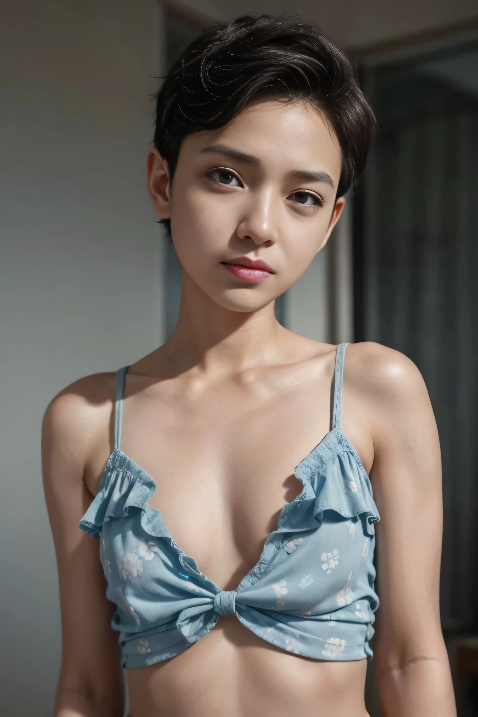 ((Cute Femboy)), Shorthaircut Stylish, adorable, 1 femboy, (face to face), , (()), (cry sad face expression), half body portrait, (face details: 1), (eye details: 1), ((Flat chest:1.3)), Cute posed. proportional body. Ultra High Res. realistic: 1.4, UHD, (naked), light blue sleep V neck bowknot lace hem ruffle print cami top