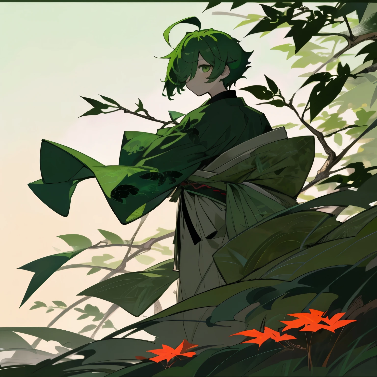 (boy), green ivy hair, green eyes, short cut, side part, ahoge, hair over one eye, thin eyebrows, young, expressionless, alone, short, Shota, solo, with a magic leaves large green big tattoo, slim, japanese close, dark fantasy, cult party kei, cyberpunk, outside, at night, Thin