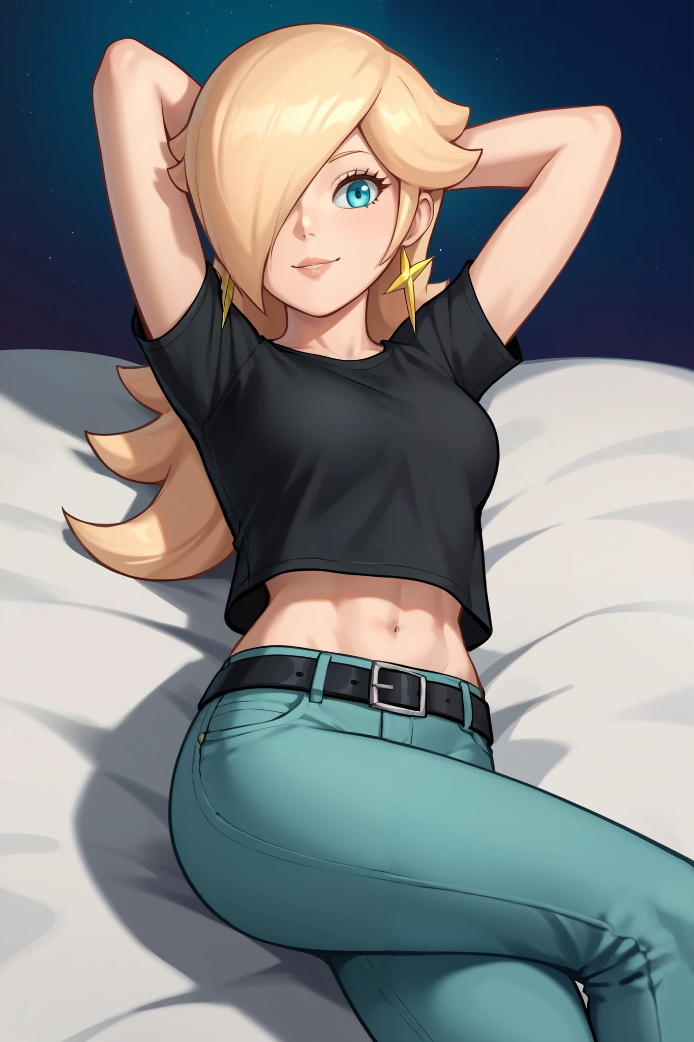 score_9, score_8_up, score_7_up, source_anime, rosalina, blonde hair, blue eyes, hair over one eye, long hair, star earrings, solo, cowboy shot, black t-shirt, taut clothes, tight shirt, midriff, navel, jeans, black belt, smile, laying, arms up, arms behind head, legs crossed, space background