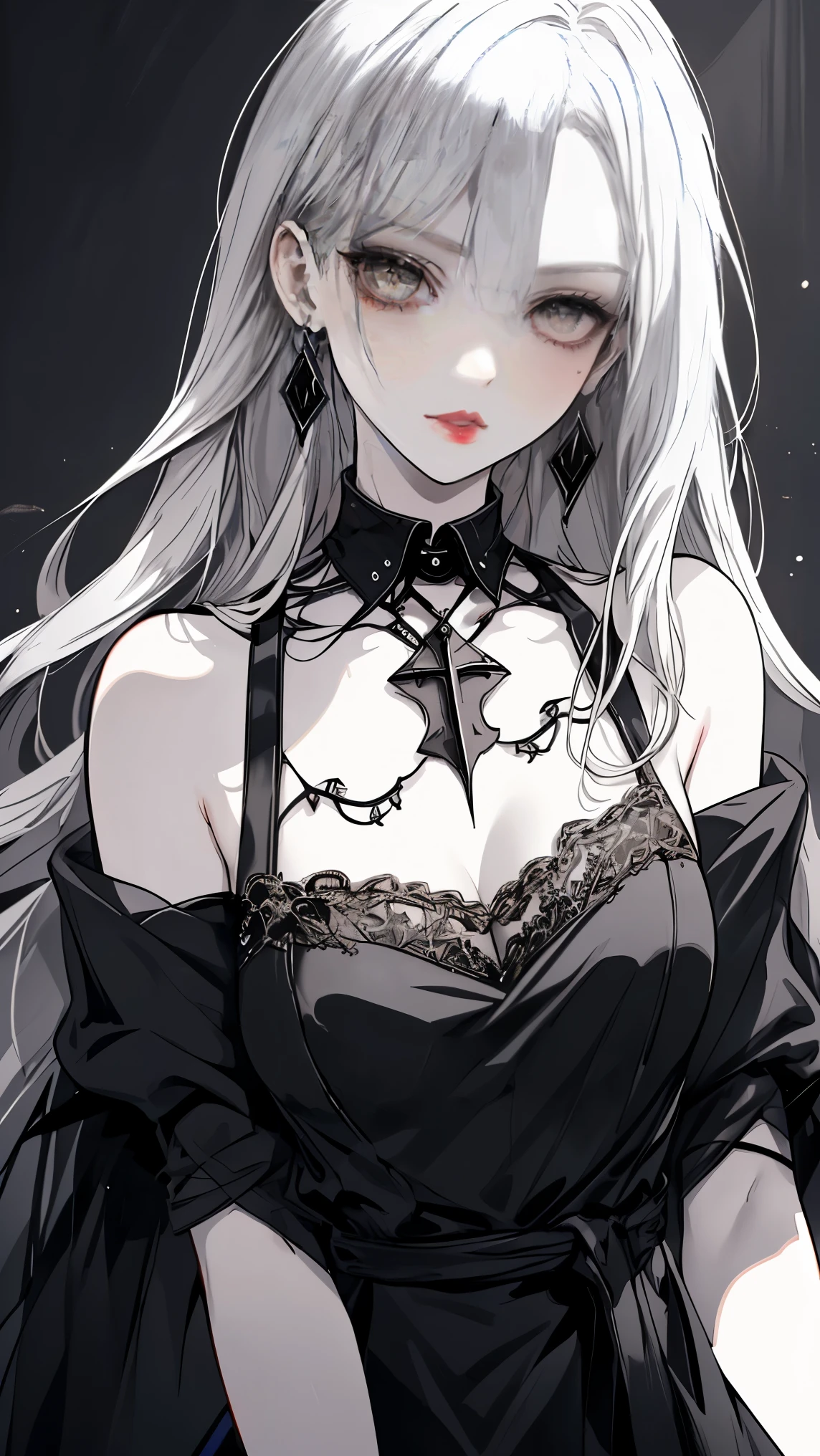 A detailed colored pencil drawing of a refined, cool woman. A ((front-facing full-body portrait)) with a focus on the ((upper body from head to waist)). She has beautiful, long, straight white hair with blunt bangs and striking black eyes,((black eyes)),exuding a cold and composed aura.((red glossy lips)), Her glossy red lips and long eyelashes enhance her cool beauty. She is wearing a black camisole-style dress adorned with delicate lace patterns around the chest. A well-proportioned woman, the artwork features fine colored pencil linework and cross-hatching for shading. It combines softness with striking contrast, rendered in subdued color tones inspired by Renaissance portraits, creating a high-resolution masterpiece.