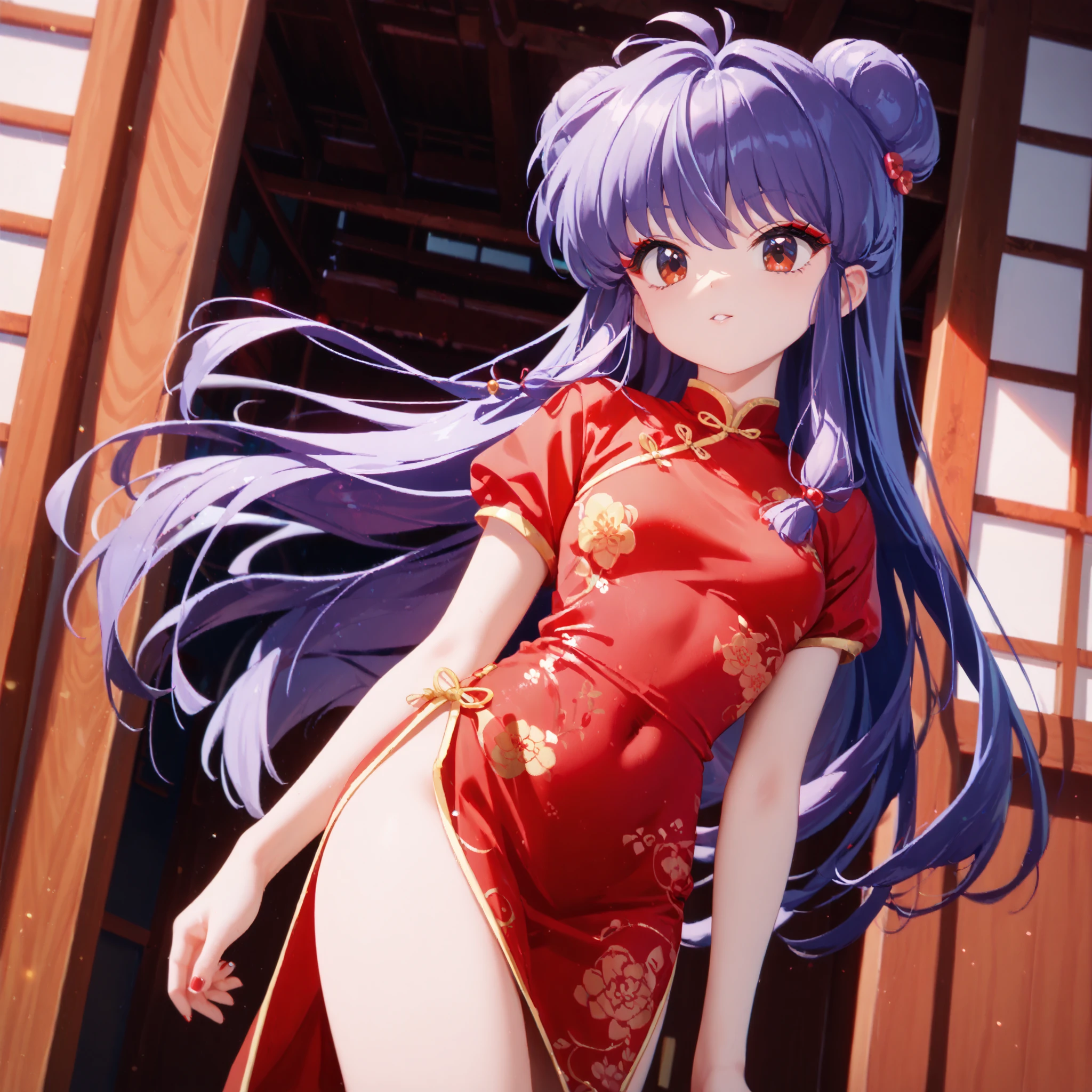 Masterpiece, best quality , perfect face , highest resolution, best quality , eyes, 8k, 1 girl, shampoo (Ranma 1/2), young, red eyes, long hair, purple hair, Detailed depiction of bun knot hair , Red eyeshadow, China Dress , shows her thighs