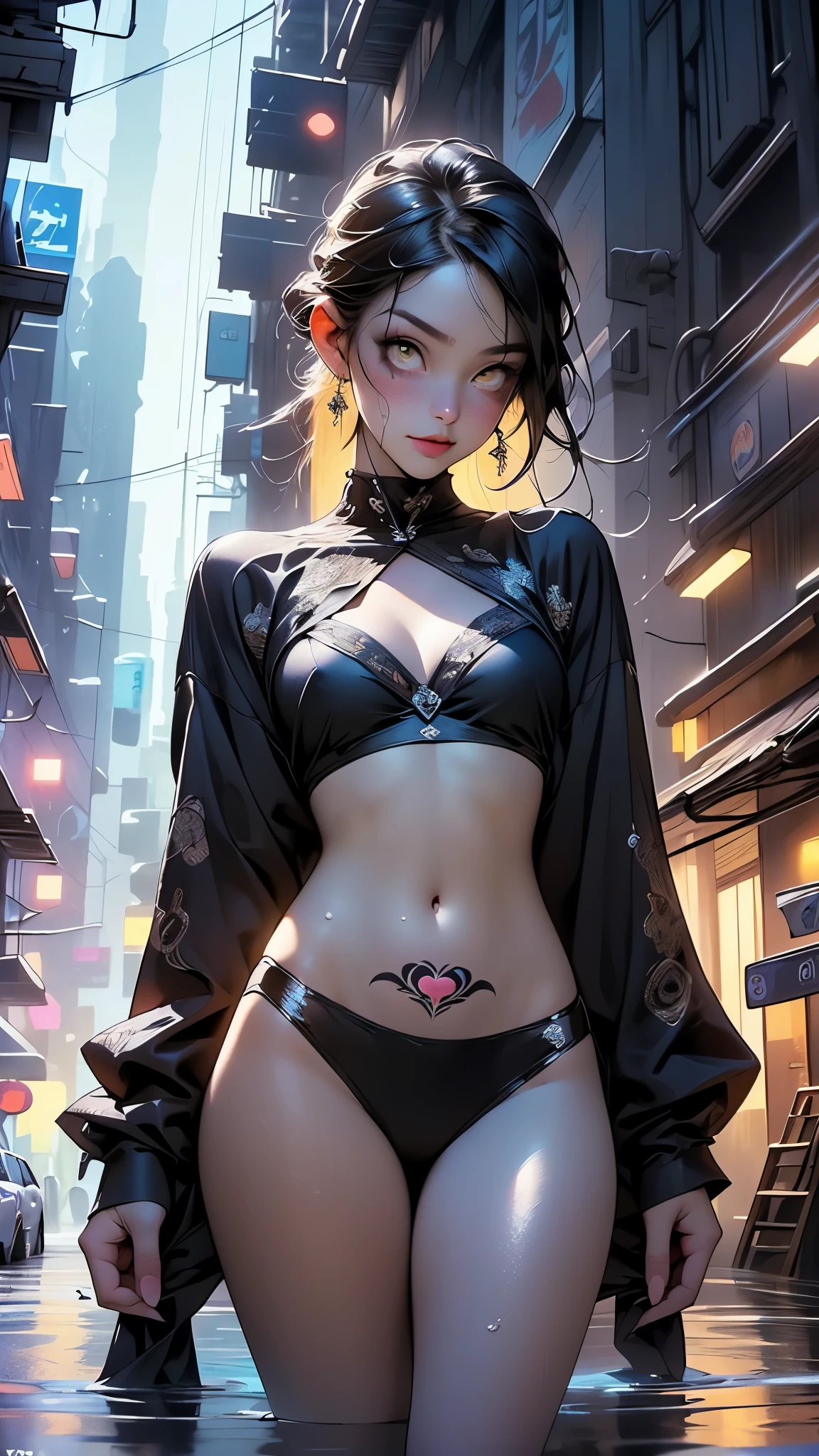 Chaeryeong,  big tits, small waist , showing face, sexy black floral pattern lingerie,  tongue out, seductive face, tits showing, nipslip,  off shoulder, bare shoulders, dragged down bra showing tits