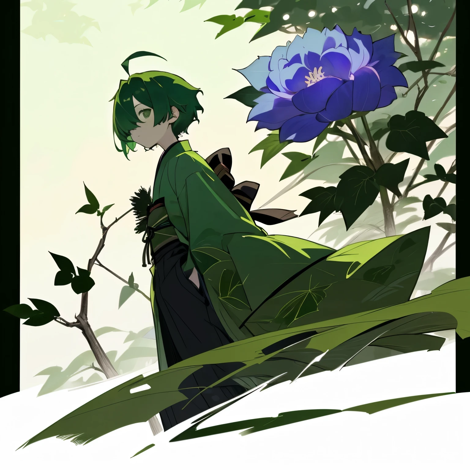(boy), green ivy hair, green eyes, short cut, side part, ahoge, hair over one eye, thin eyebrows, young, expressionless, alone, short, Shota, solo, with a magic leaves large green big tattoo, slim, japanese close, dark fantasy, cult party kei, cyberpunk, outside, at night, Thin