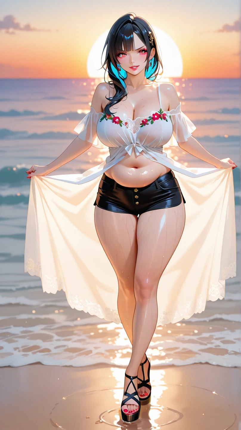 (Realistic, Realism: 1.37), (Masterpiece), (Best quality: 1.4), (Ultra High Resolution: 1.2), (RAW photo: 1.2), (Sharp focus: 1.3), (Facial focus: 1.2), Graceful, (Full body: 1.2), (1 pregnant woman wearing white transparent briefs with open belly and white transparent bra: 1.3), (Beach girl), Big bulge, Big breasts, Barefoot (24 years: 1.1), (Happy smile: 1.3), (Shiny hair: 1.3), , Standing, full body, exposed abdomen, white liquid drenched body, white liquid bath, pregnant with twins' belly, October pregnancy
(), landscape, (beautiful sunset background: 1.2), from behind, back, bangs, beautiful detail eyes, looking at the viewer, (cute), (without makeup), bulge, super huge erection under clothes
+ Lola