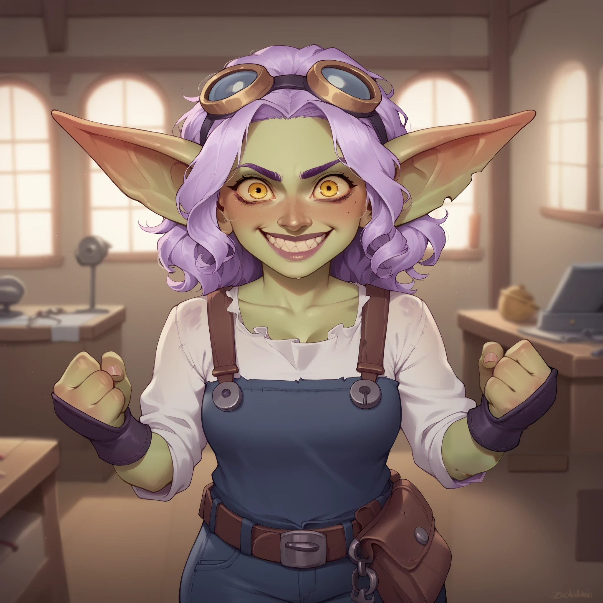 (((beautiful, high quality, comics style, detailed face))), score_9, score_8_up, score_7_up, BREAK, ((Goblin, short stature, shortstack)), 1Girl,hooked nose:1, yellow eyes, crazy eyes, crazy smile, ((lavender hair)), short wavy hair, action pose, {five_fingers_hand}, workshop in background, blurred background, DeepNegative_xl_v1, zPDXL3, detailxl, Smooth Quality - Illustriousl