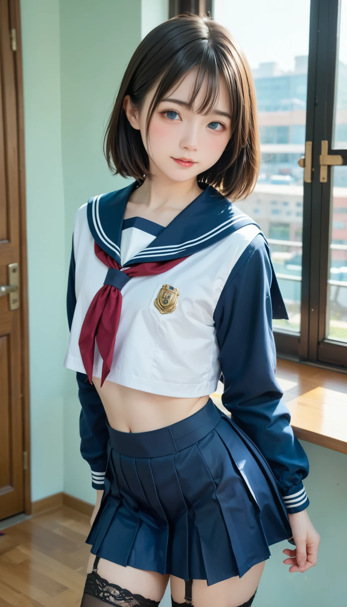 sailor suit , university student,Young, cute girl,Masterpiece,4K,8k,16k, skirt :1.5、 black stockings、 black garter belt 、love across time