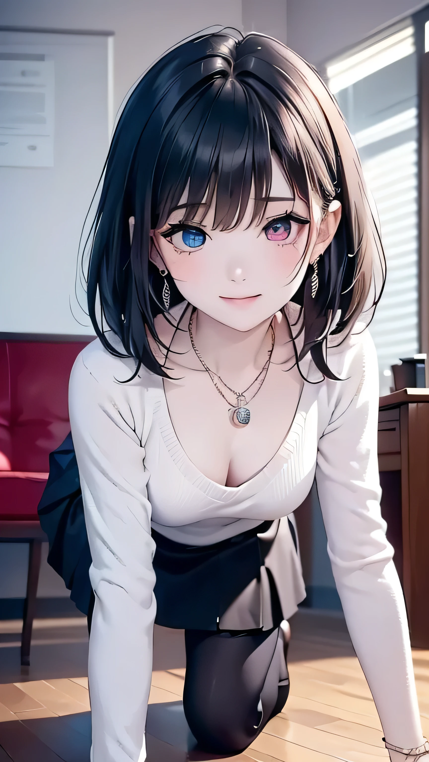 heterochromia, upper body, (deep crimson eyes, blue eyes),(Different eye colors、Left eye red、Right eye blue),( table top, best quality , high resolution, pixel perfect, 4K,), 1 girl, single, Alone, Beautiful Woman、I could see the whole body、 (( wavy medium length hair, bangs, tea hair)), ((left eye crimson , Right eye blue、 beautiful eyelashes , realistic eyes)), (( detailed color, :1.2)), (( smooth texture :0.75, realistic texture:0.65, realistic:1.1, anime CG style)), rise of the center , dynamic angles, perfect body, ((, female teacher, , earrings、 necklace、 light beige open neck sweater 、Dark blue flared skirt、 black knee-high stockings 、 on all fours、 lift the skirt and show off your pants.、 has a smiling face、 put my hands behind my back 、 fall in front、)), looks up at the 、 in the living room in a snowy country、(、 pink lace panties 、、 angle )、( heterochromia)