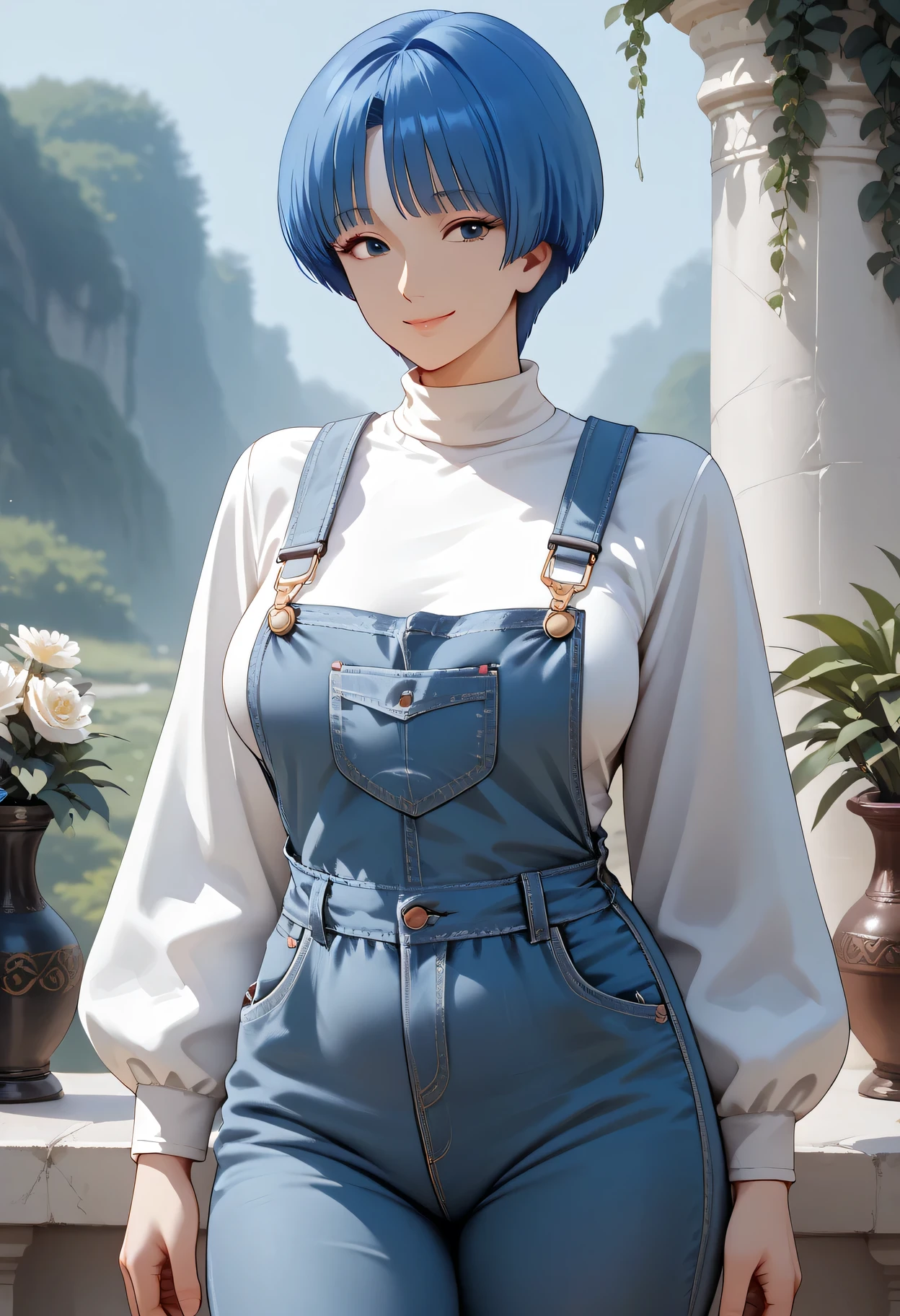 Smile ,with a girl face,((cowboy shot1.5)), ((cowboy shot:1.47)),closed mouth, Her hairstyle is medium bob,((Trim her bangs )),blue hair color, ((wolf cut:1,47)),(( midium length hair extended to shoulders:1.2)),((medium breasts)),curvy,inverted triangle face,Well-balanced limbs, slender body, long limbs,1mature,AOI YUME Masakazu Katsura drowning,((1mature:1.2 )), anime,Masakazu Katsura, AOI YUME,170tall. 64 kg, not too thin , "dark eyes" , "She wears overalls "LIGHT satin blue" high costura, like body, "sleeves 7/8 to the shoulders",Underneath the light blue jumpsuit, Behind her there is a beautiful vase with plants, only GREEN plants ,She is standing in marble hall ,Half-ground photo, up to the hip.small and delicate jewelry,((outdoor))