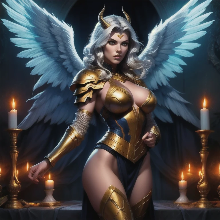 (best quality,4k,8k,highres,masterpiece:1.2), ultra-detailed, (realistic,photorealistic,photo-realistic:1.37), mature ebony-skinned female with long flowing silver hair, wearing a golden gilded form-fitting skimpy golden dress, curvy, has large black demon wings, has demonic horns, alluring gaze, dark skin tone, ebony skin tone, golden dress, dress made of gold, alone, solo, (ALONE)(SOLO), embroidered dress, reading a book