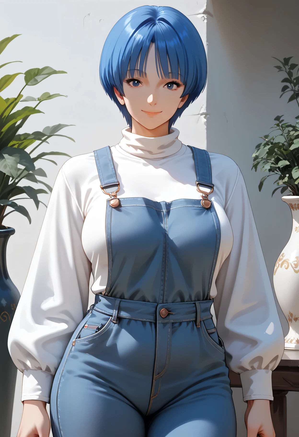 Smile ,with a girl face,((cowboy shot1.5)), ((cowboy shot:1.47)),closed mouth, Her hairstyle is medium bob,((Trim her bangs )),blue hair color, ((wolf cut:1,47)),(( midium length hair extended to shoulders:1.2)),((medium breasts)),curvy,inverted triangle face,Well-balanced limbs, slender body, long limbs,1mature,AOI YUME Masakazu Katsura drowning,((1mature:1.2 )), anime,Masakazu Katsura, AOI YUME,170tall. 64 kg, not too thin , "dark eyes" , "She wears overalls "LIGHT satin blue" high costura, like body, "sleeves 7/8 to the shoulders",Underneath the light blue jumpsuit, Behind her there is a beautiful vase with plants, only GREEN plants ,She is standing in marble hall ,Half-ground photo, up to the hip.small and delicate jewelry,((outdoor))