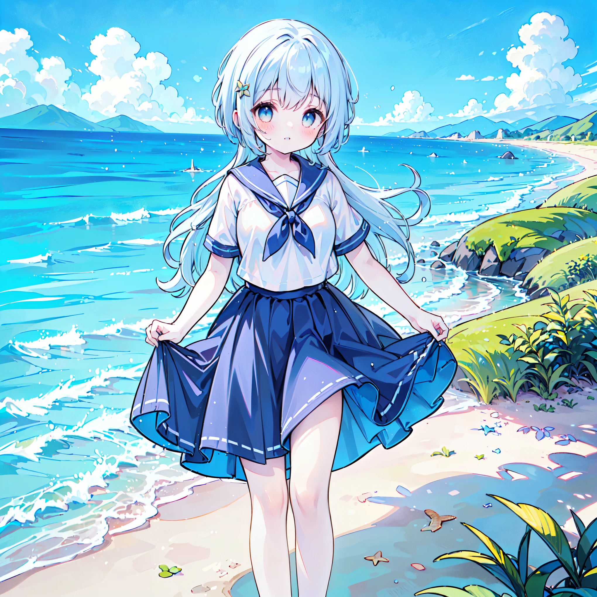 ((( more details,  highly detailed CG, masterpiece,  High Quality , 4K,  high resolution, sharp focus by G , Take a commemorative photo on a sandy beach with the calm and beautiful sea in the background, anime style illustration near the sparkling ocean , tea hair))),(Alone:2), cute, Smiling Brightly , light blue eyes,(A girl is standing on the beach:1.4), navy blue sailor suit,(Short sleeve:2),( dark blue skirts ),( slightly bulging breasts:1.2), Clear Skin, Fluttering Skirt , barefoot,((long hair)),Neat hair,Gentle Breeze, White Clouds ,blue sky,Watching viewers, is shy,