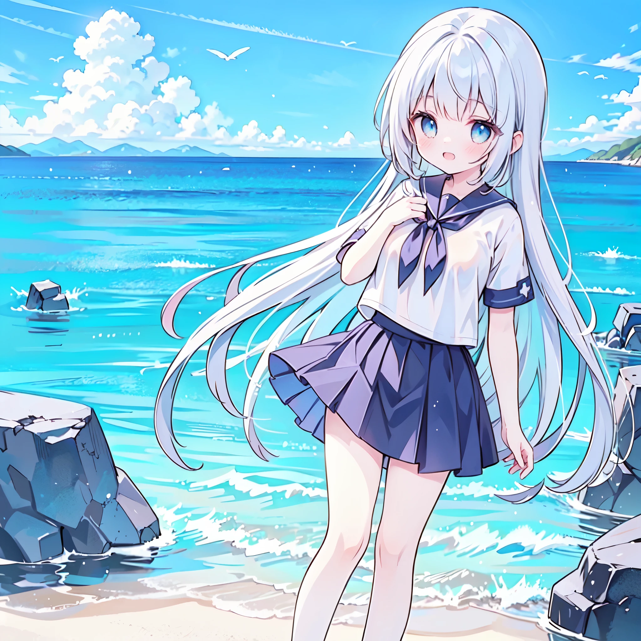 ((( more details, highly detailed CG, masterpiece, High Quality , 4K, high resolution, sharp focus by G , Take a commemorative photo on a sandy beach with the calm and beautiful sea in the background, anime style illustration near the sparkling ocean ))),(Alone:2), cute, Smiling Brightly , light blue eyes,(A girl is standing on the beach:1.4), navy blue sailor suit,(Short sleeve:2),( dark blue skirts ),( slightly bulging breasts:1.2), Clear Skin, Fluttering Skirt , barefoot,((long hair)),Neat hair,Gentle Breeze, White Clouds ,blue sky,Watching viewers, is shy, dynamic ,