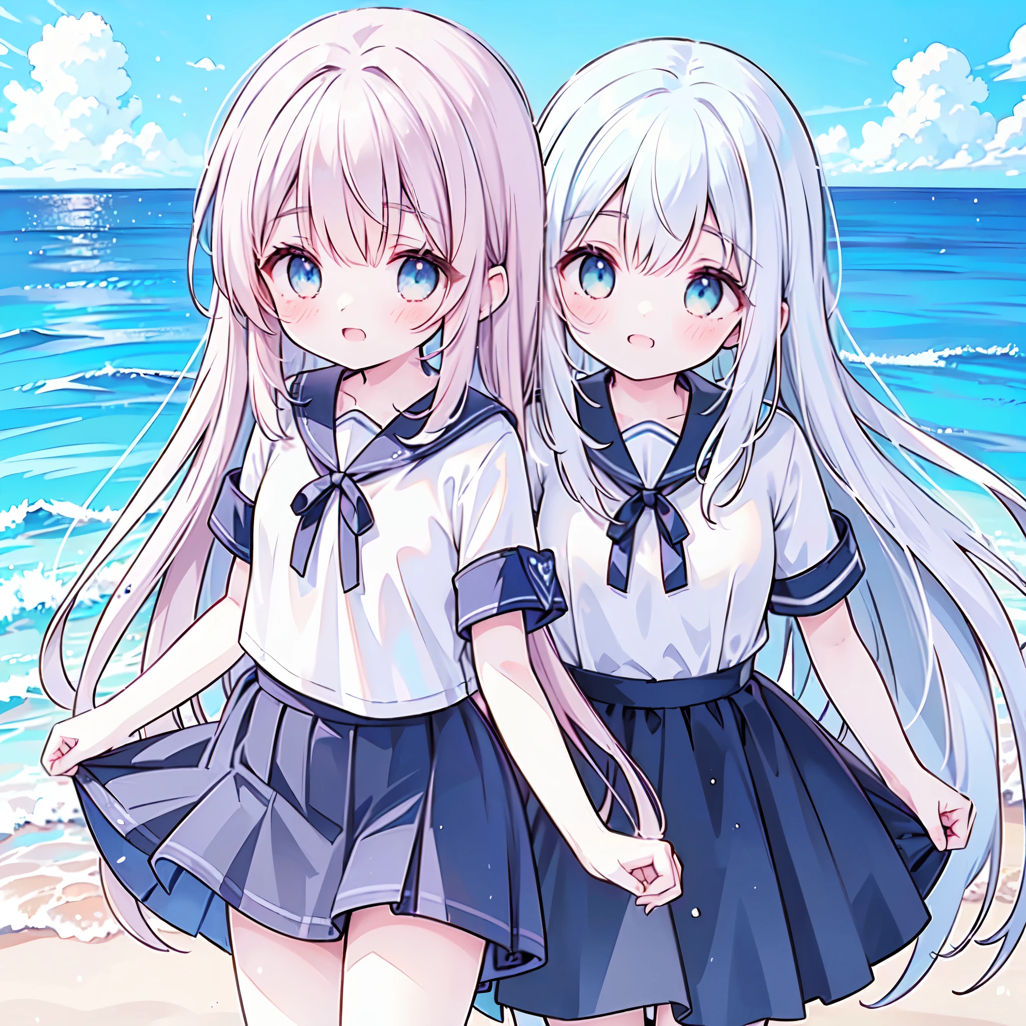 ((( more details, highly detailed CG, masterpiece, High Quality , 4K, high resolution, sharp focus by G , Take a commemorative photo on a sandy beach with the calm and beautiful sea in the background, anime style illustration near the sparkling ocean , tea hair))),(Alone:2), cute, Smiling Brightly , light blue eyes,(A girl is standing on the beach:1.4), navy blue sailor suit,(Short sleeve:2),( dark blue skirts ),( slightly bulging breasts:1.2), Clear Skin, Fluttering Skirt , barefoot,((long hair)),Neat hair,Gentle Breeze, White Clouds ,blue sky,Watching viewers, is shy, dynamic ,