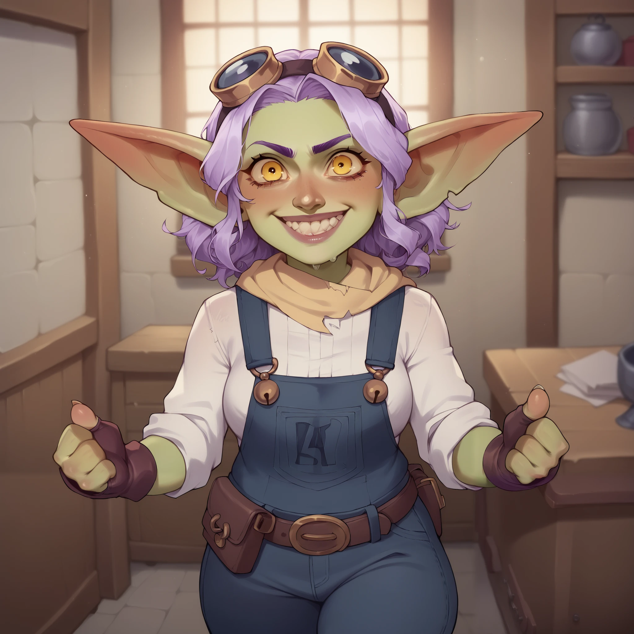(((beautiful, high quality, comics style, detailed face))), score_9, score_8_up, score_7_up, BREAK, ((Goblin, short stature, shortstack)), 1Girl, hooked nose:1, yellow eyes, crazy eyes, crazy smile, ((lavender hair)), short wavy hair, action pose, workshop in background, blurred background, DeepNegative_xl_v1, zPDXL3, detailxl, Smooth Quality - Illustriousl