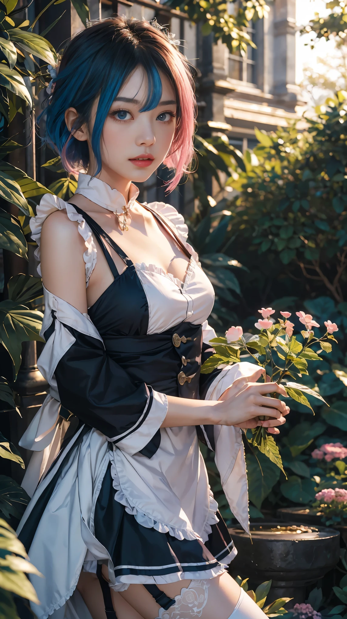 (masterpiece, best quality:1.4), (full body:1.2), (sitting at the garden:1.4), 1girls, (ram_rezero with pink hair:1.2), ram_rezero, short hair, (red eyes, red iris), maid uniform, (black maid uniform:1.5), hair ornament, cleavage, maid headdress, detached sleeves, ribbon, medium breasts, looking at viewer, beautifull smile, (beautiful face), (highly detailed face, highly detailed eyes), (highly detailed skin), skin pores, subsurface scattering, realistic pupils, full face blush, full lips, depth of field, volumetric lighting, sharp focus, absurdres, realistic proportions, good anatomy, (realistic, hyperrealistic:1.4), 16k hdr