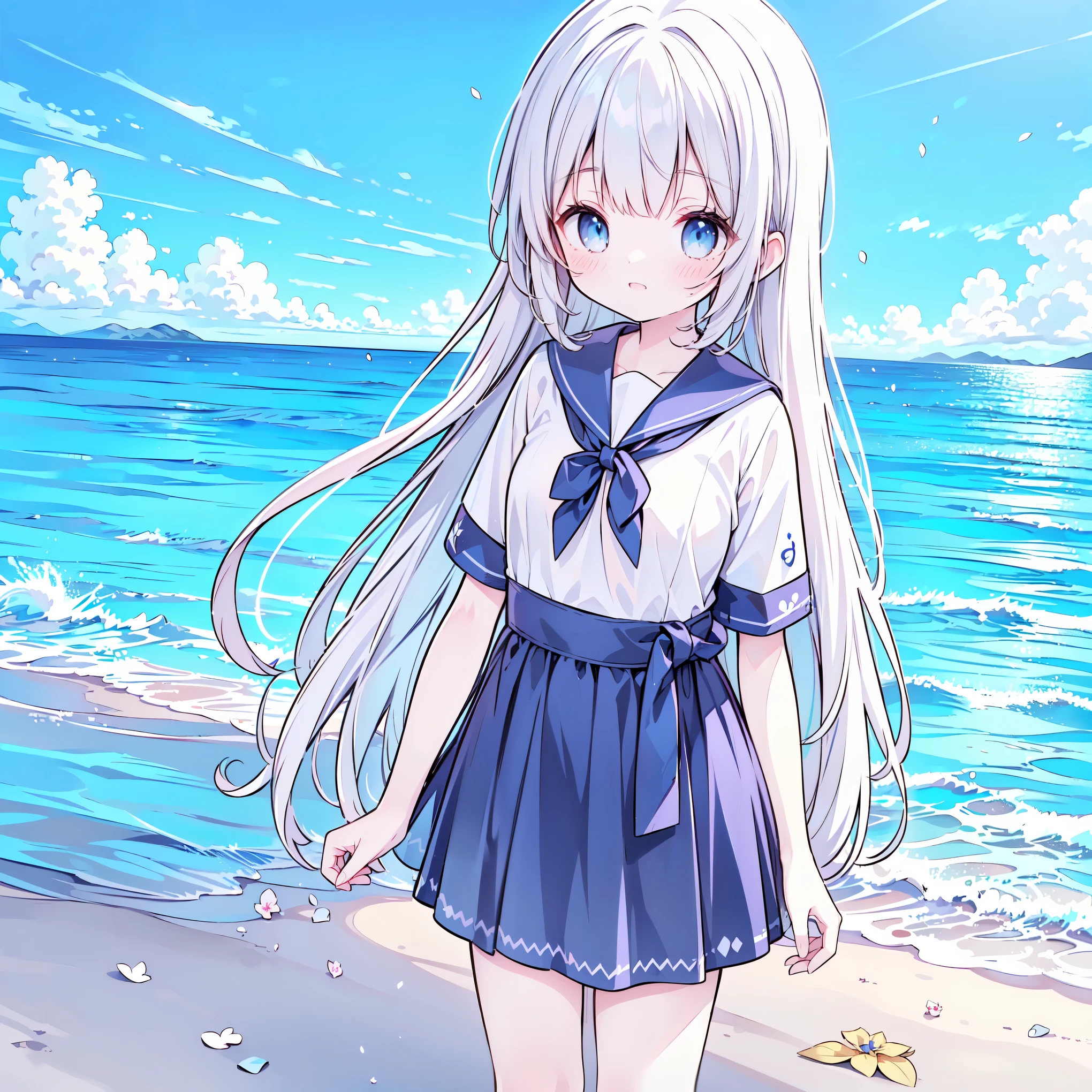 ((( more details, highly detailed CG, masterpiece, High Quality , 4K, high resolution, sharp focus by G , Take a commemorative photo on a sandy beach with the calm and beautiful sea in the background, anime style illustration near the sparkling ocean , tea hair))),(Alone:2.5), cute, Smiling Brightly , light blue eyes,(A girl is standing on the beach:1.4),Navy blue and white sailor suit,(Short sleeve:2),( dark blue skirts ),( slightly bulging breasts:1.2), Clear Skin, Fluttering Skirt , barefoot,((long hair)),Neat hair,Gentle Breeze, White Clouds ,blue sky,Watching viewers, is shy, dynamic ,Medium height,