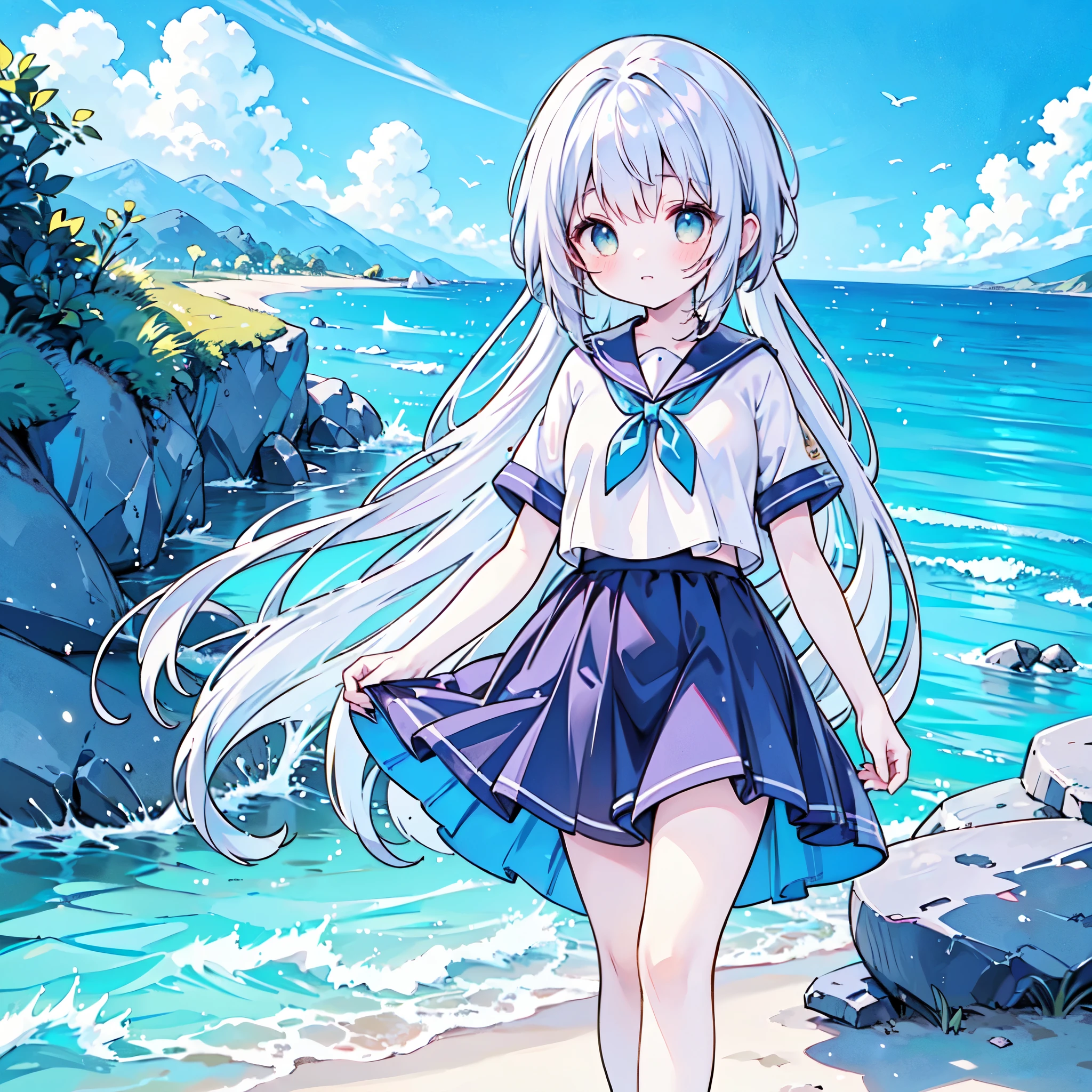 ((( more details, highly detailed CG, masterpiece, High Quality , 4K, high resolution, sharp focus by G , Take a commemorative photo on a sandy beach with the calm and beautiful sea in the background, anime style illustration near the sparkling ocean , tea hair))),(Alone:2.5), cute, Smiling Brightly , light blue eyes,(A girl is standing on the beach:1.4),Navy blue and white sailor suit,(Short sleeve:2),( dark blue skirts ),( slightly bulging breasts:1.2), Clear Skin, Fluttering Skirt , barefoot,((long hair)),Neat hair,Gentle Breeze, White Clouds ,blue sky,Watching viewers, is shy, dynamic ,(Medium height:1.5),