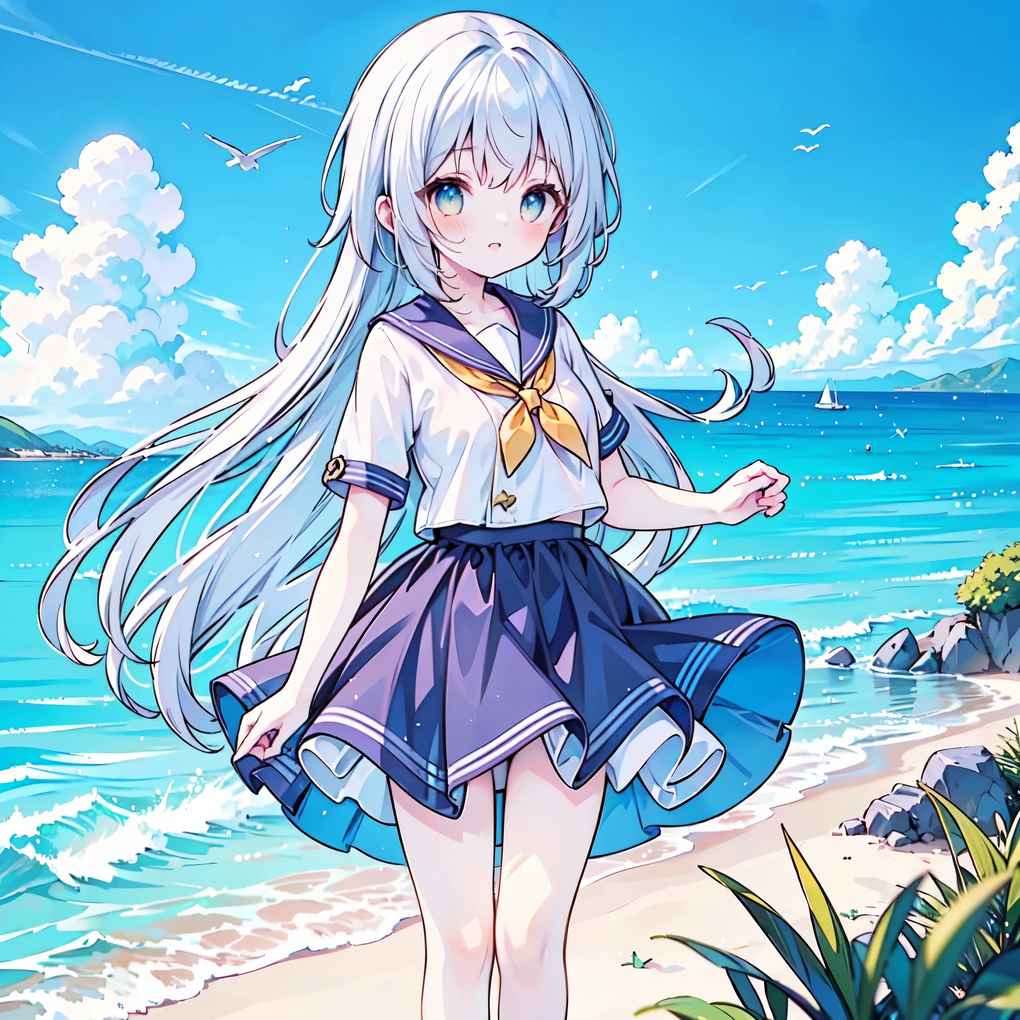 ((( more details, highly detailed CG, masterpiece, High Quality , 4K, high resolution, sharp focus by G , Take a commemorative photo on a sandy beach with the calm and beautiful sea in the background, anime style illustration near the sparkling ocean , tea hair))),(Alone:2.5), cute, Smiling Brightly , light blue eyes,(A girl is standing on the beach:1.4),Navy and white sailor suit,(Short sleeve:2),( dark blue skirts ),( slightly bulging breasts:1.2), Clear Skin, Fluttering Skirt , barefoot,((long hair)),Neat hair,Gentle Breeze, White Clouds ,blue sky,Watching viewers, is shy, dynamic ,(Medium height:1.5),