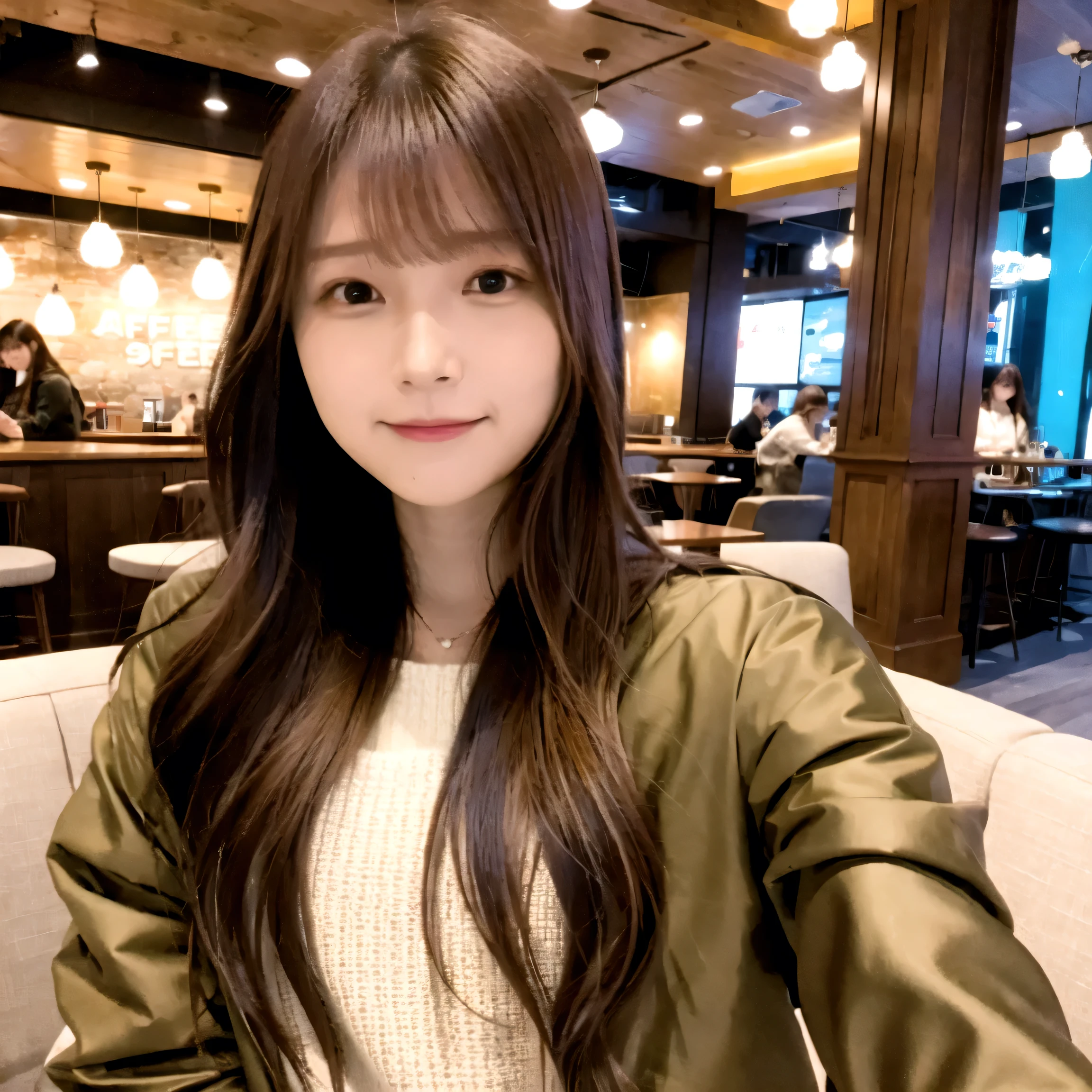  photorealistic 、Girls in their 20s、Cafe、 selfie、
 long brown hair 、cute down jacket